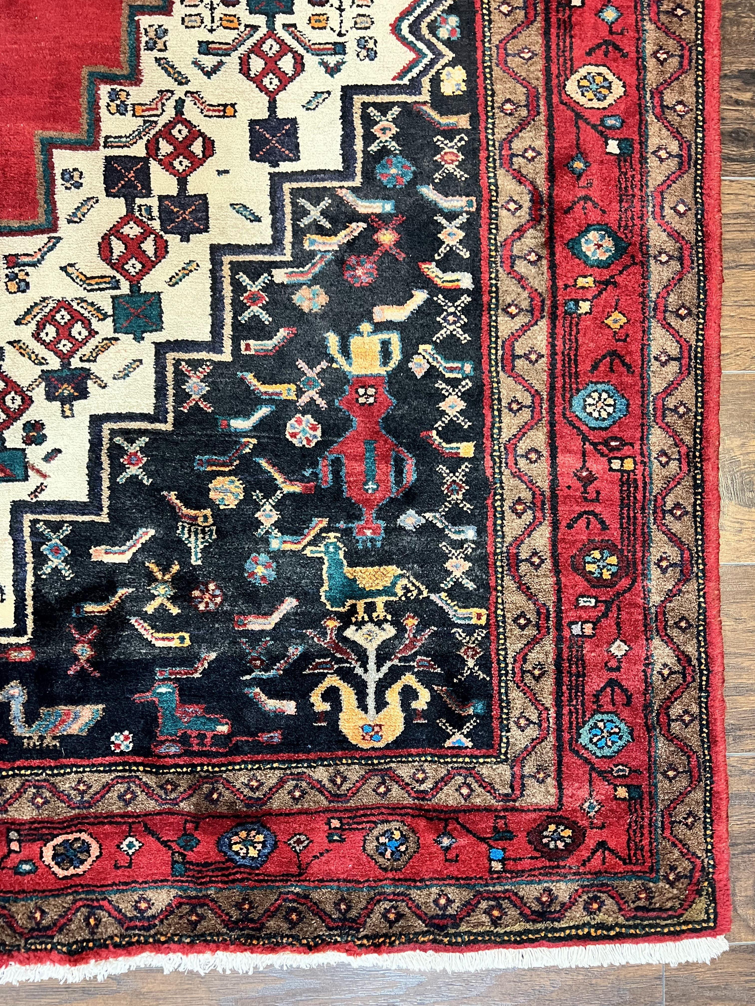 Persian Rug 5x12 ft, Red Cream Navy Blue, Pictorials, Hand Knotted Handmade Wide Runner Tribal Bidjar Semi Antique Wool Geometric Oriental Rug - Jewel Rugs