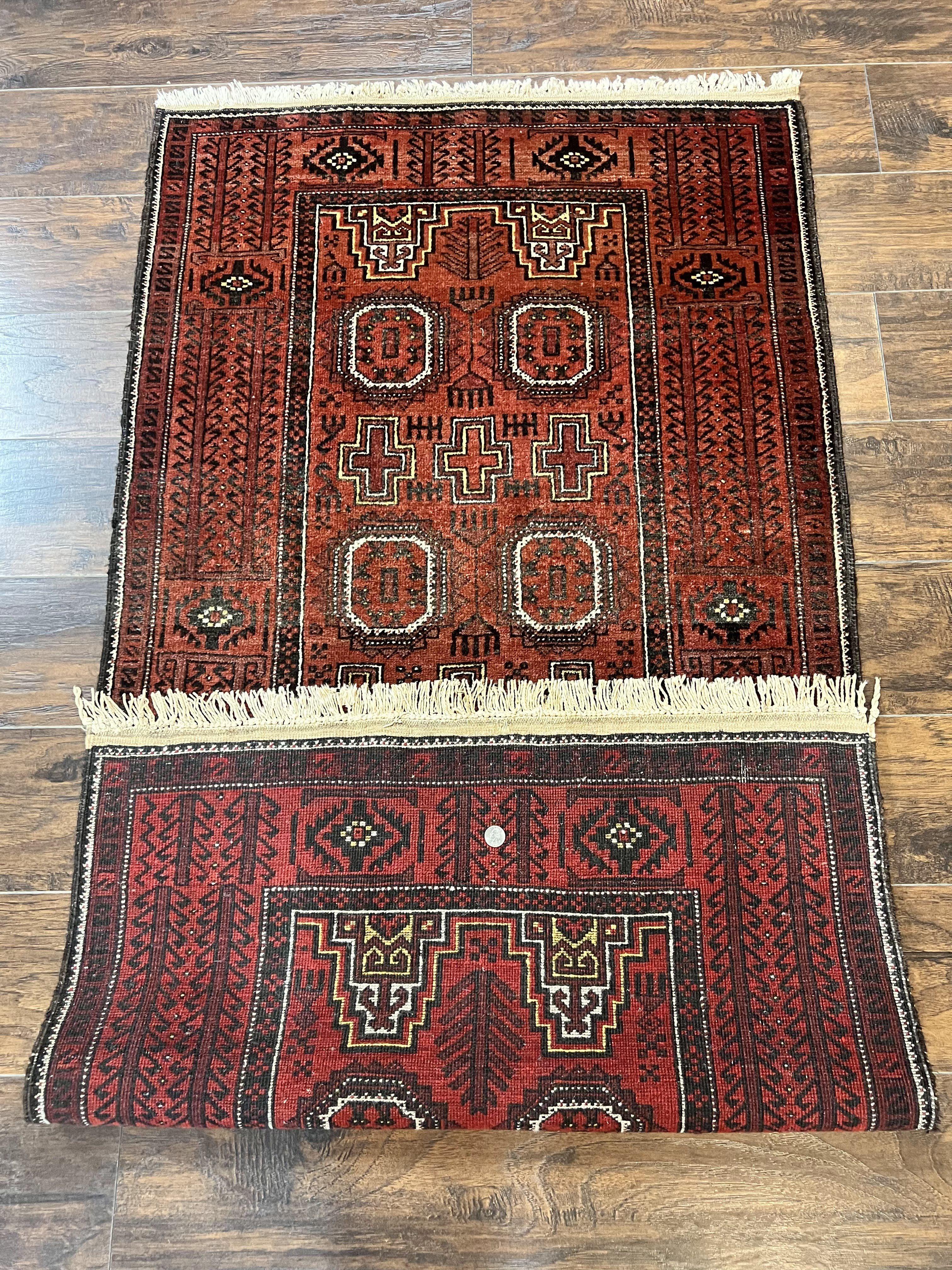 Antique Persian Turkoman Rug 3x6, Wool Tribal Handmade Carpet, Red and Black - Jewel Rugs