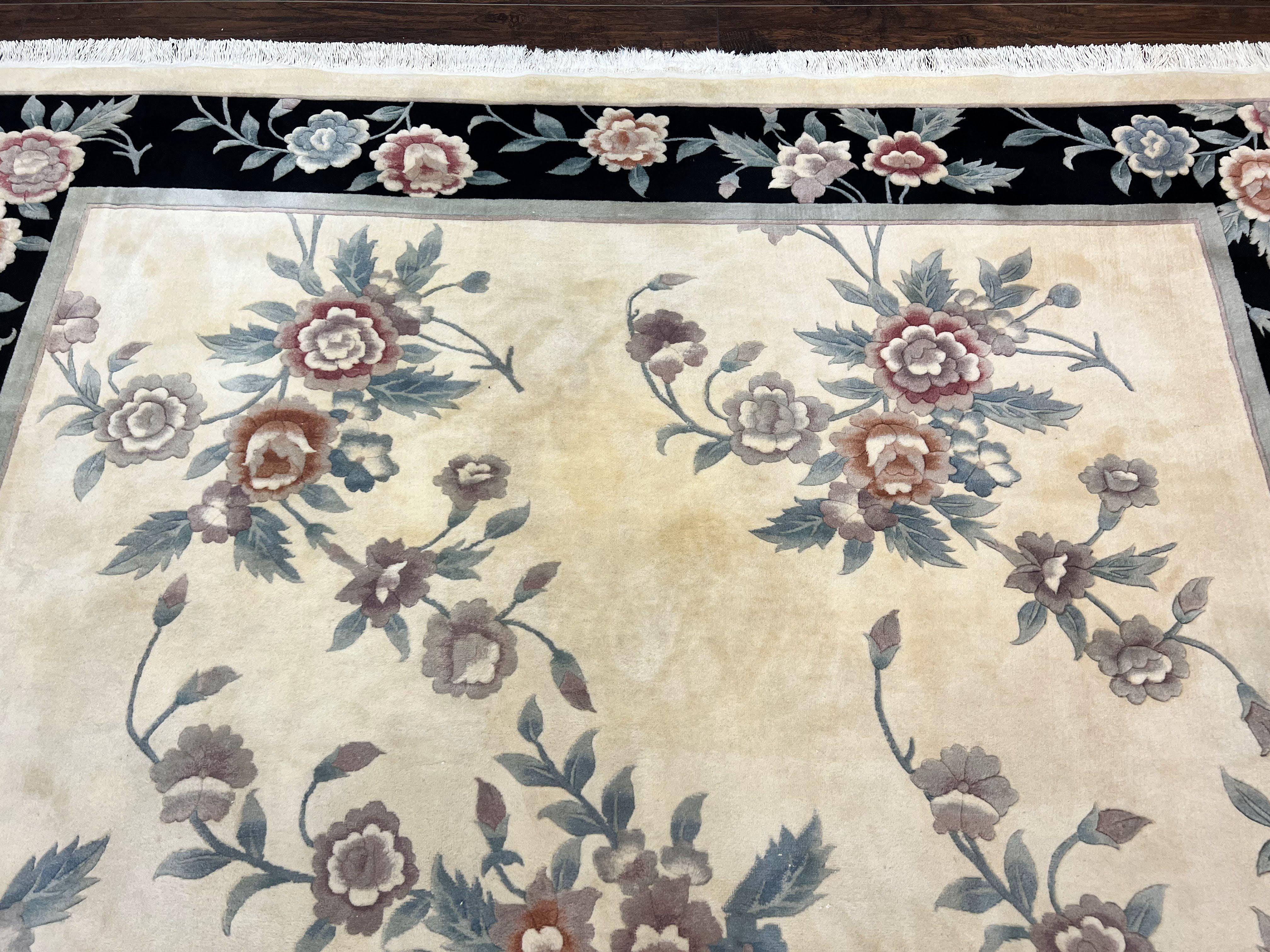 Chinese Wool Rug 8x10, Floral Design, Cream & Black, Art Deco 90 Line Rug 8 x 10, Soft, Handmade Vintage Oriental Carpet - Jewel Rugs