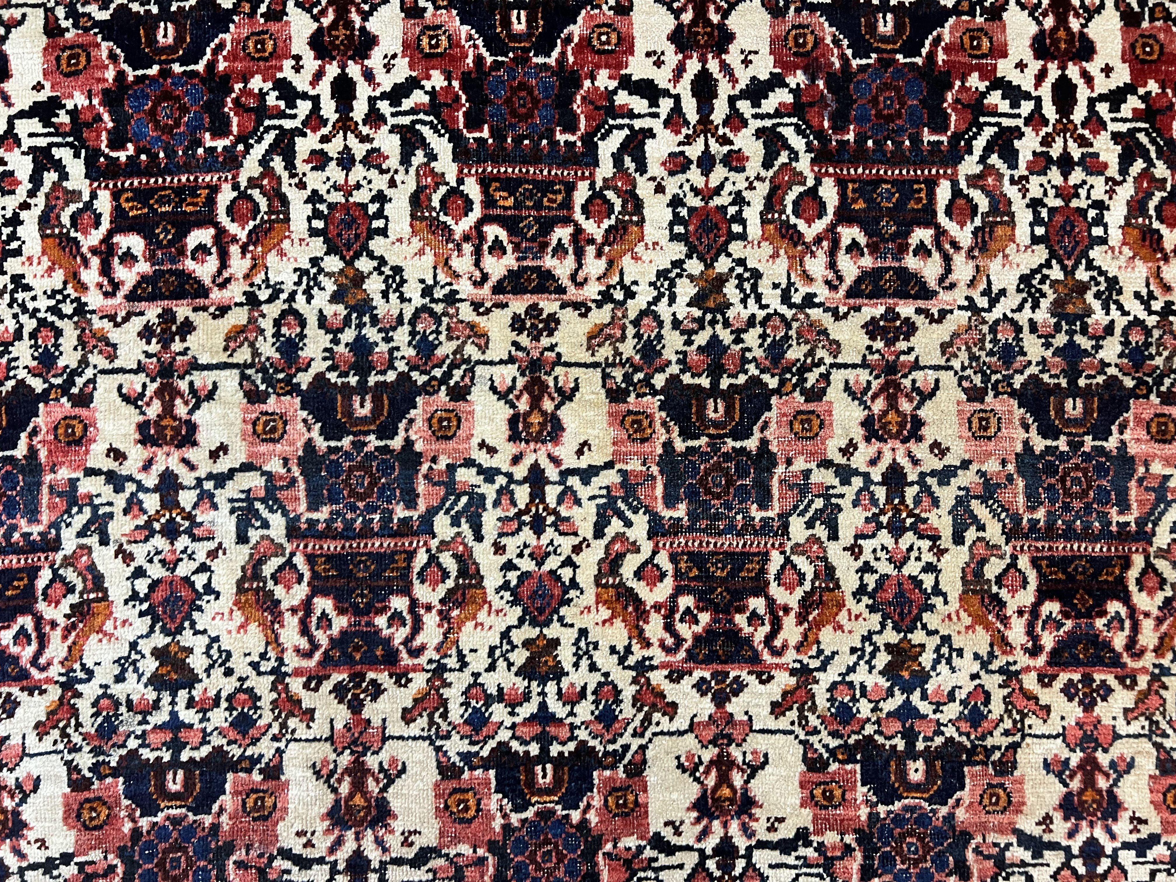 Persian Afshar Rug 6x8, Wool Hand Knotted Semi Antique Vintage Carpet, Floral Allover, Repeated Birds Flowers Vases Motifs - Jewel Rugs