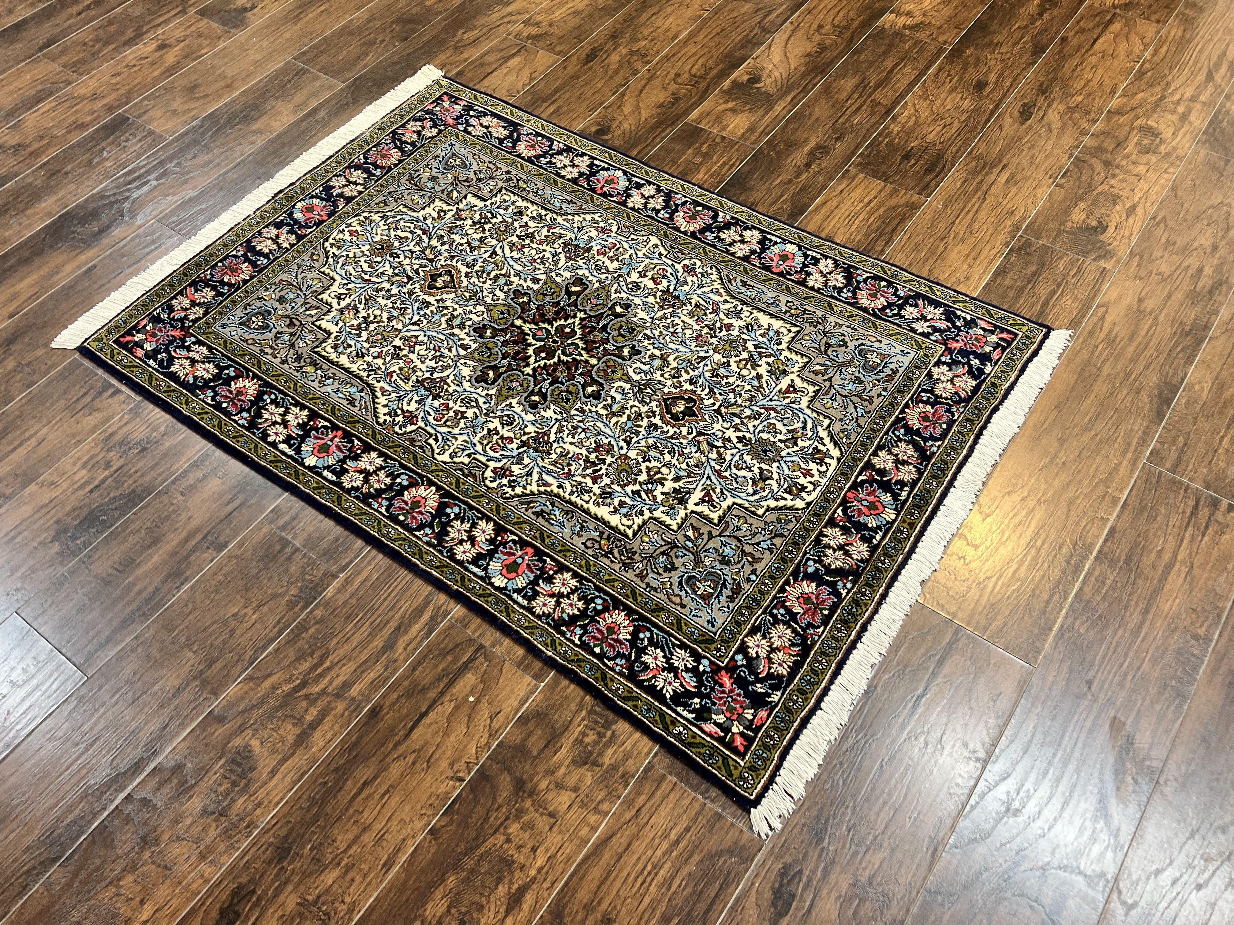 Persian Qum Rug 3x5, Wool with Silk Highlights, Handmade Semi Antique Carpet, Ivory & Navy Blue, Floral Medallion, Finely Hand Knotted - Jewel Rugs