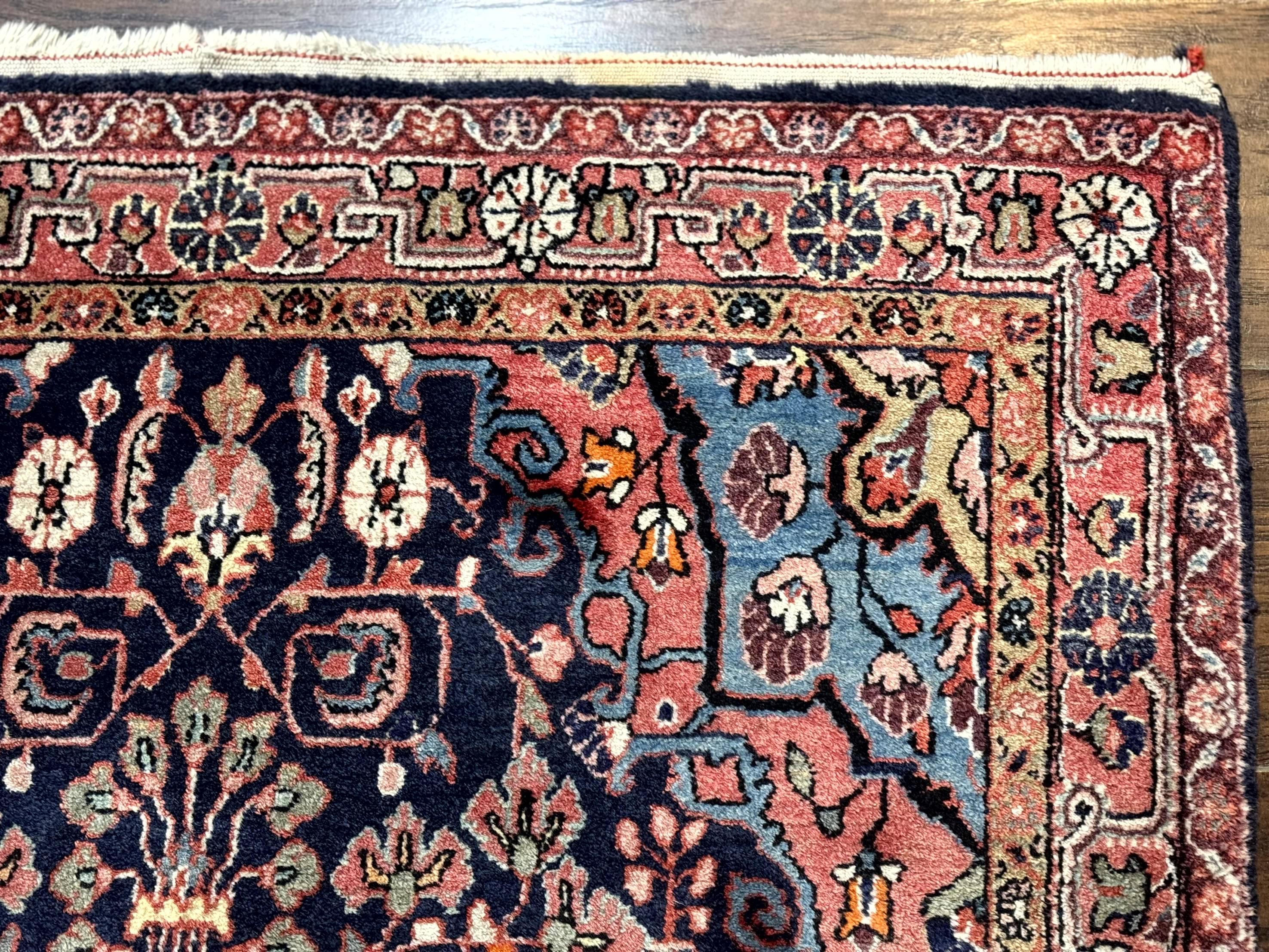 Persian Rug 3x5, Jozan Sarouk Rug, Navy Blue and Coral, Medallion Rug, Semi Antique - Jewel Rugs