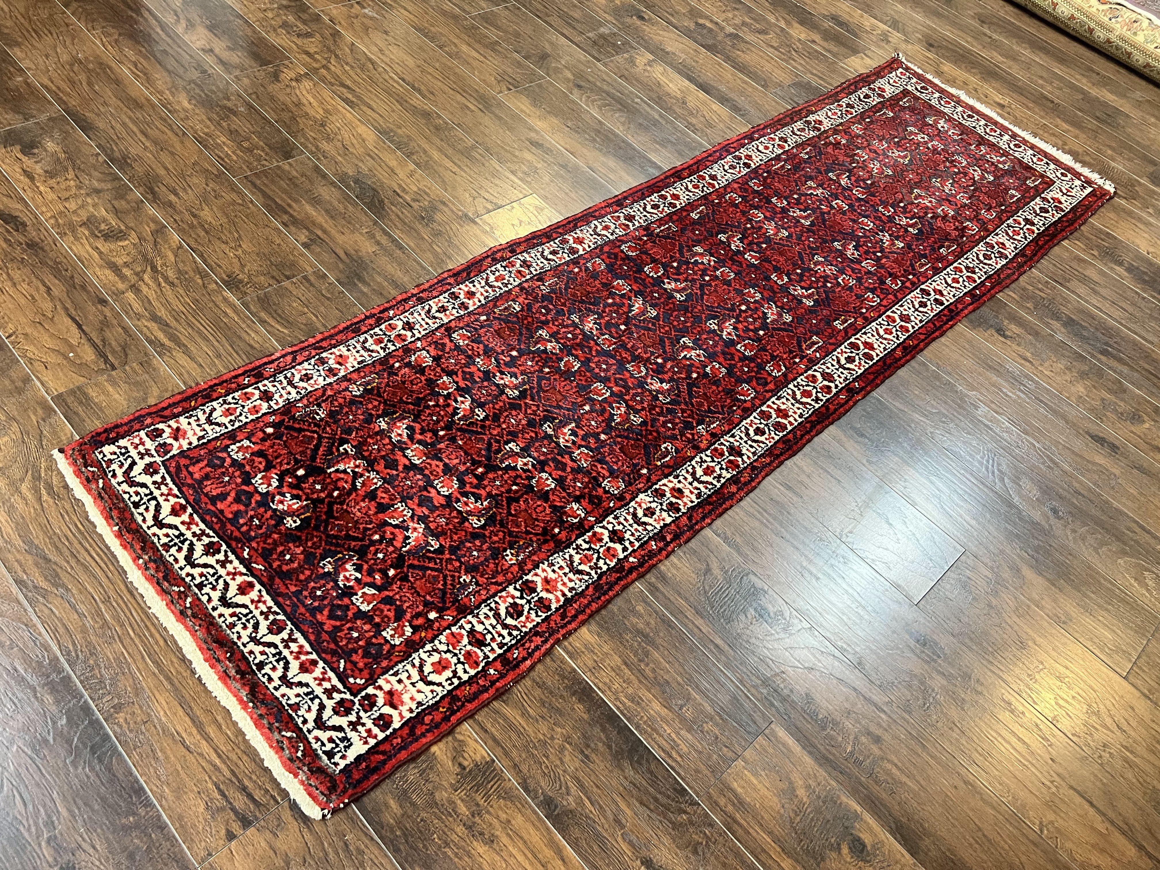 Persian Tribal Runner 3 x 9, Hamadan Dargazin Rug, Dark Blue and Red Wool Hand Knotted Hallway Rug, Vintage Antique Oriental Runner, 9ft Long Runner, Herati - Jewel Rugs