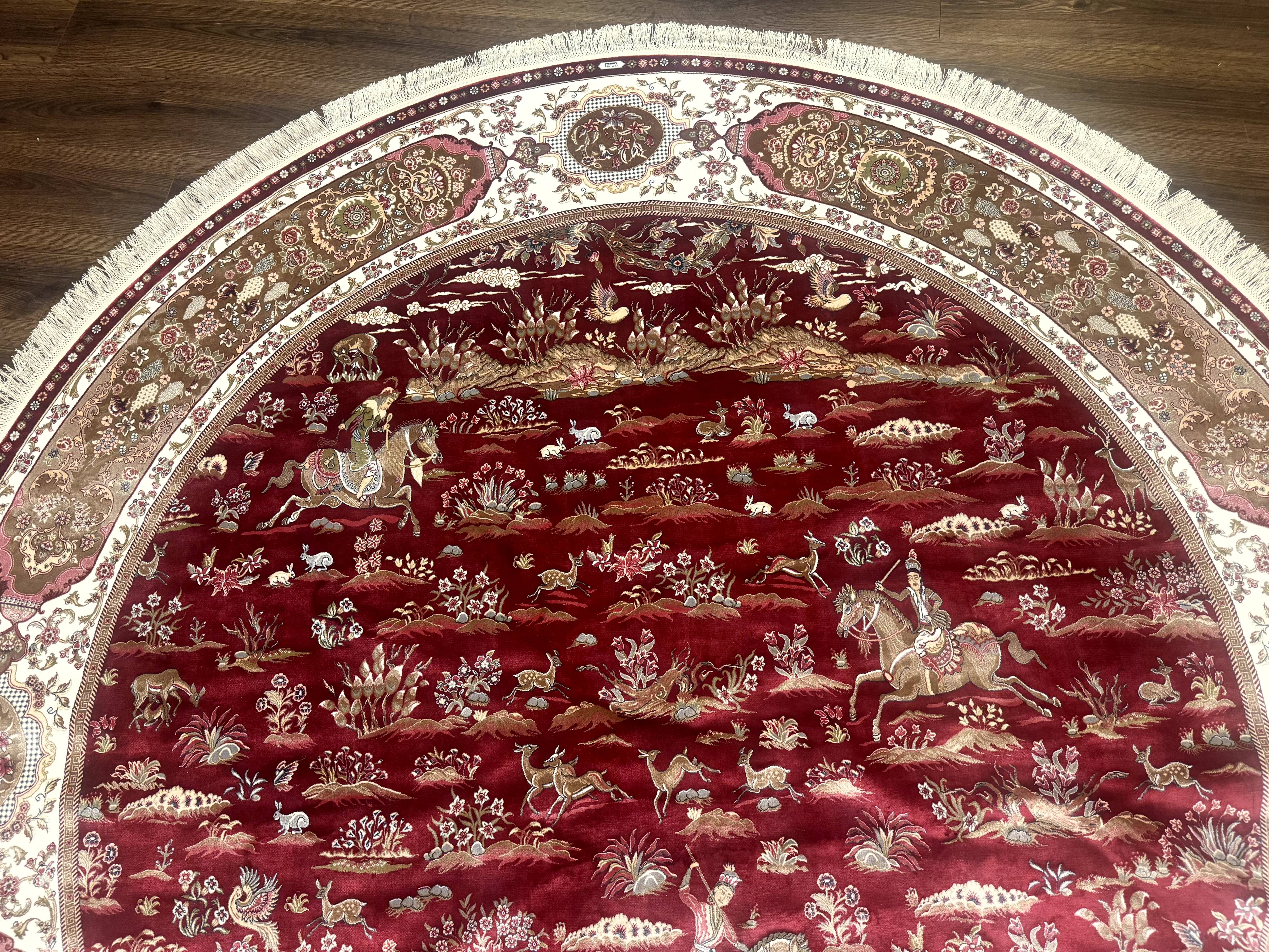 Large Round Turkish Silk Rug 8x8, Hunting Design, Dark Red & Ivory, Bamboo Silk - Jewel Rugs