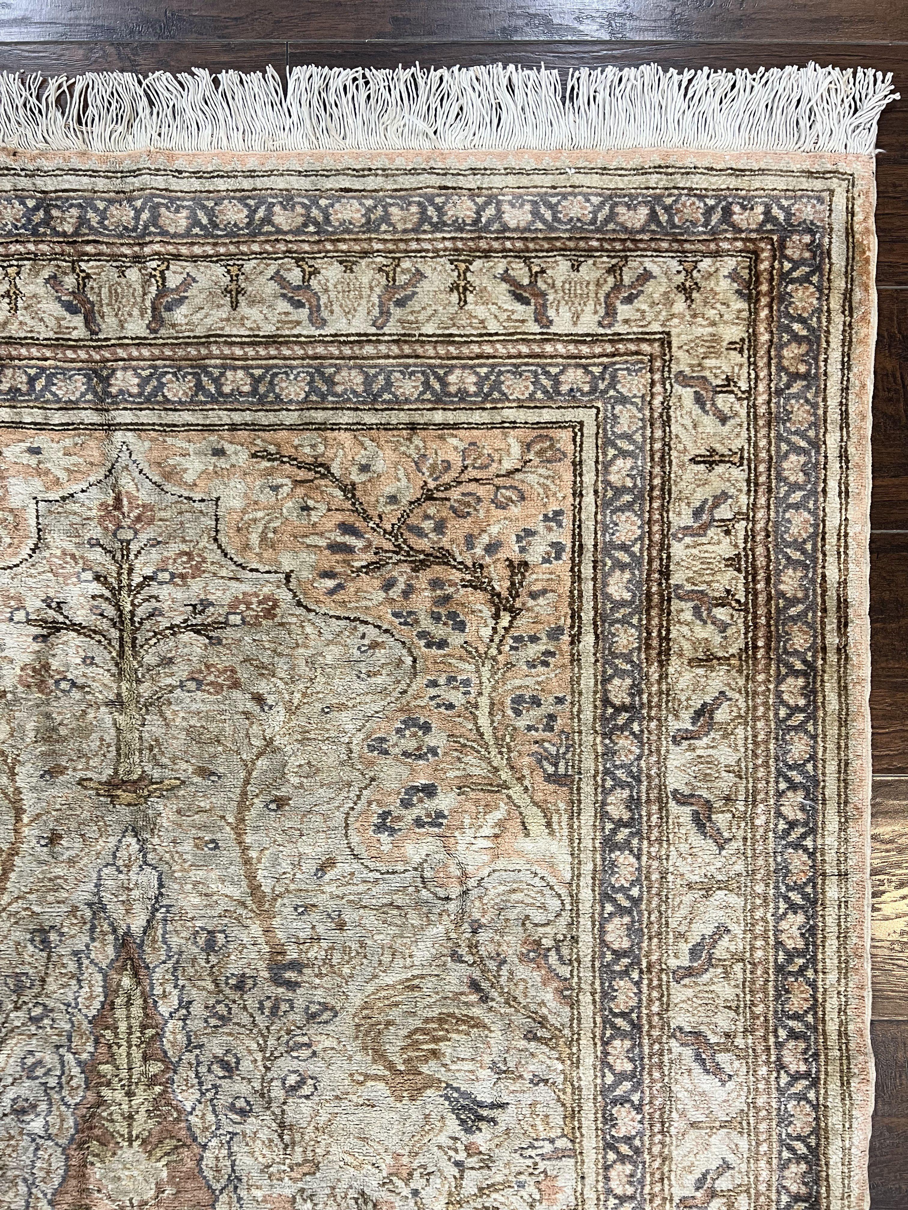 Turkish Kayseri Silk Rug 4x6, Tree of Life Pattern, Vintage Handmade Hand Knotted Carpet, Animal Pictorials, Birds - Jewel Rugs