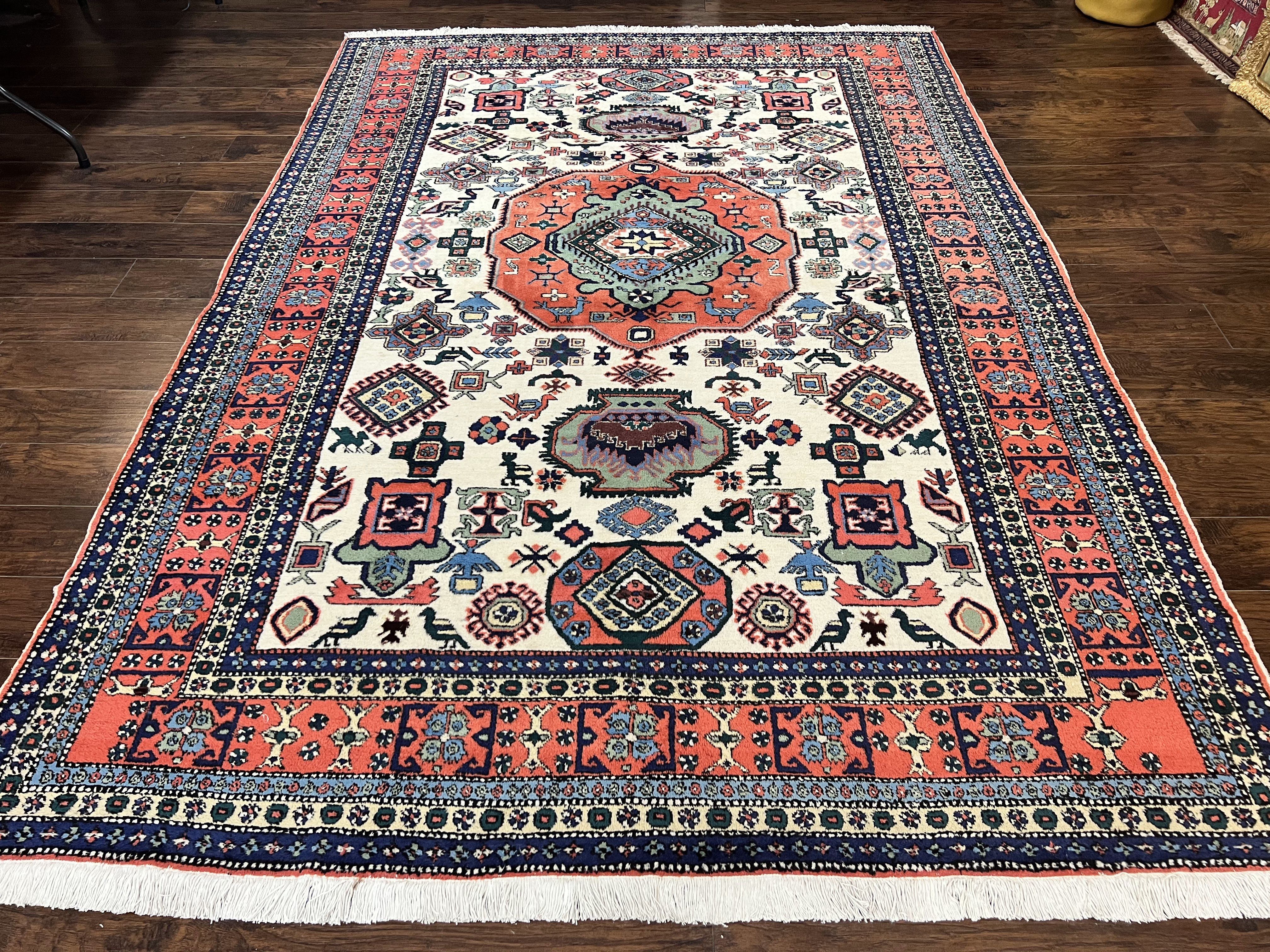 Persian Tribal Rug 8x11, Persian Ardabil Rug, Geometric Medallion Animal Pictorial Rug, Ivory Red Blue, Hand Knotted Vintage Wool Carpet - Jewel Rugs