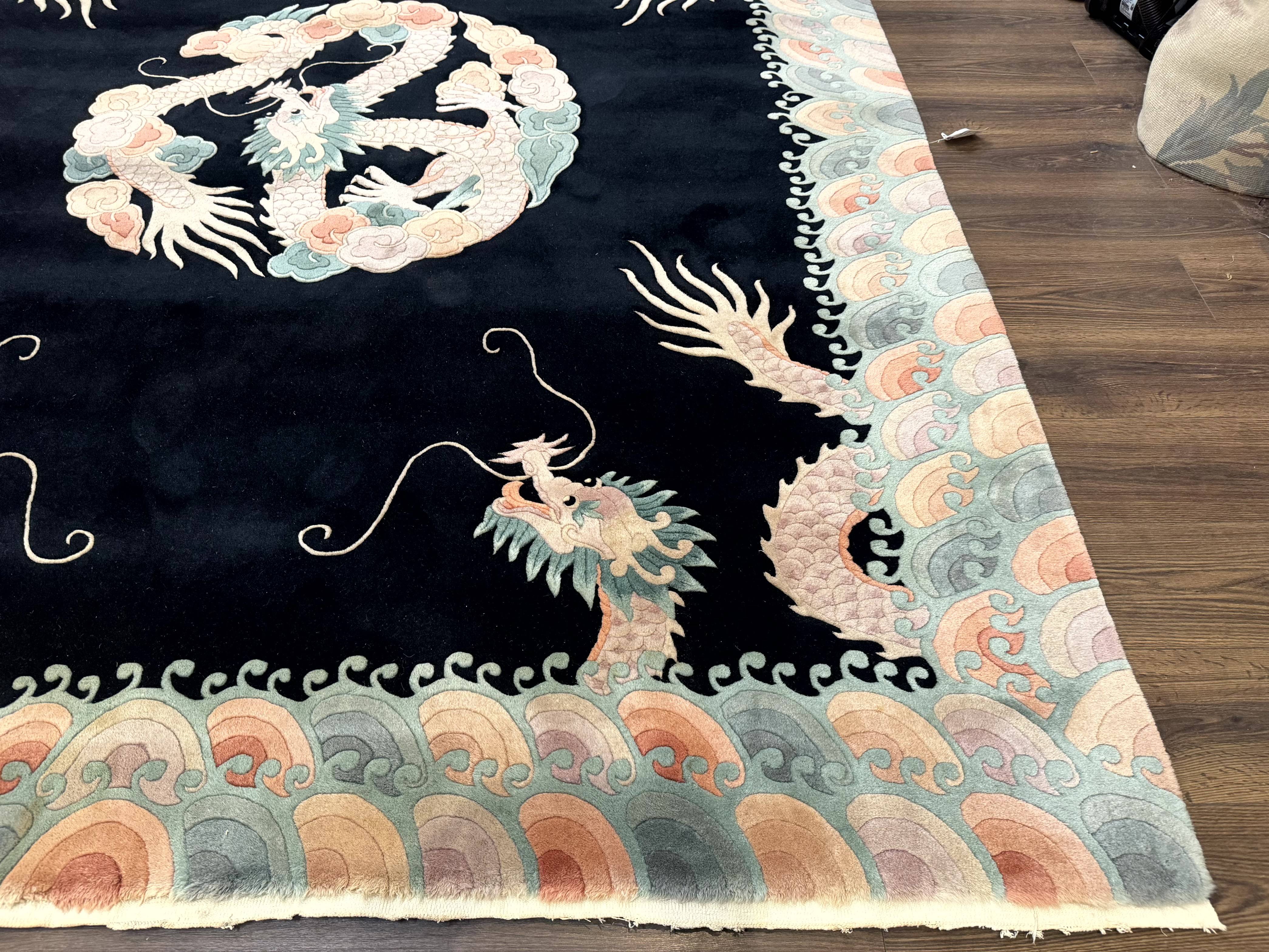 Black Chinese Wool Rug 8x10 with Dragons, Rainbow Borders, Rare - Jewel Rugs