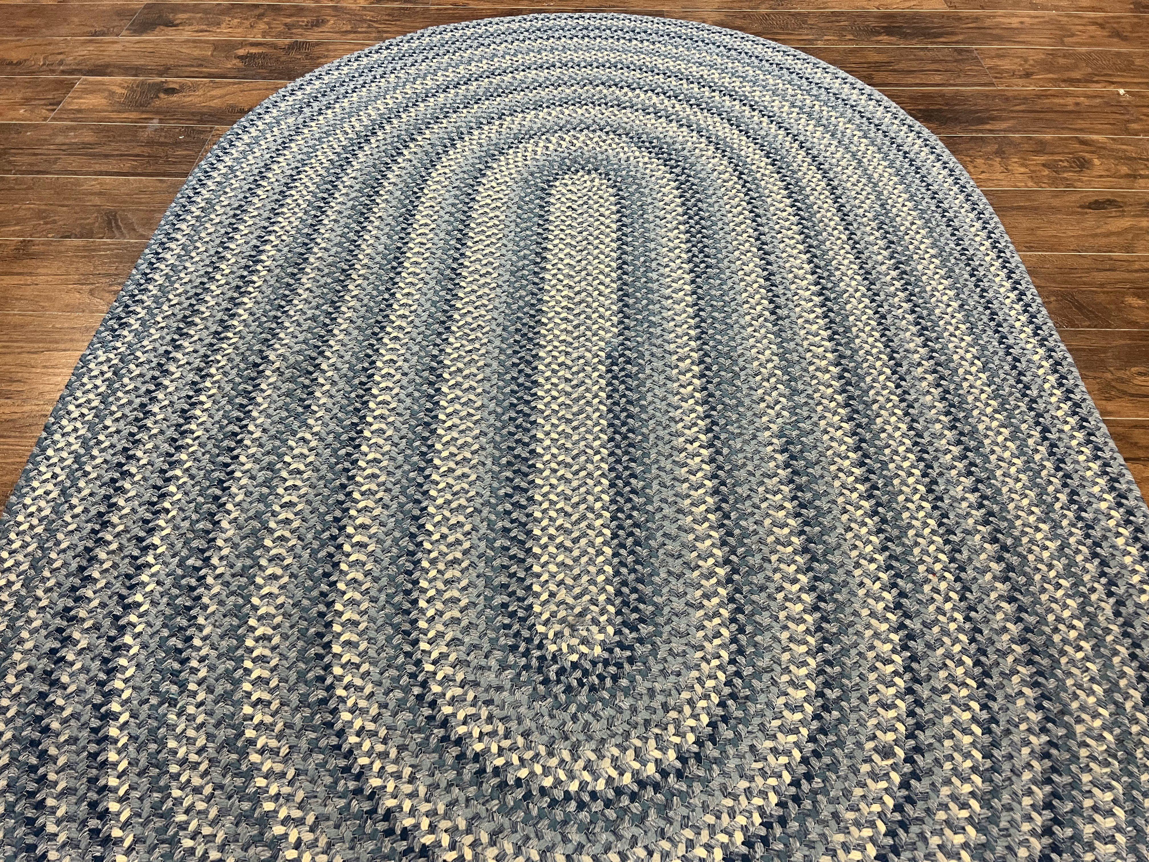 American Oval Braided Rug 5x8 Wool Handmade Vintage Carpet, Multicolor, Blues Gray Cream - Jewel Rugs