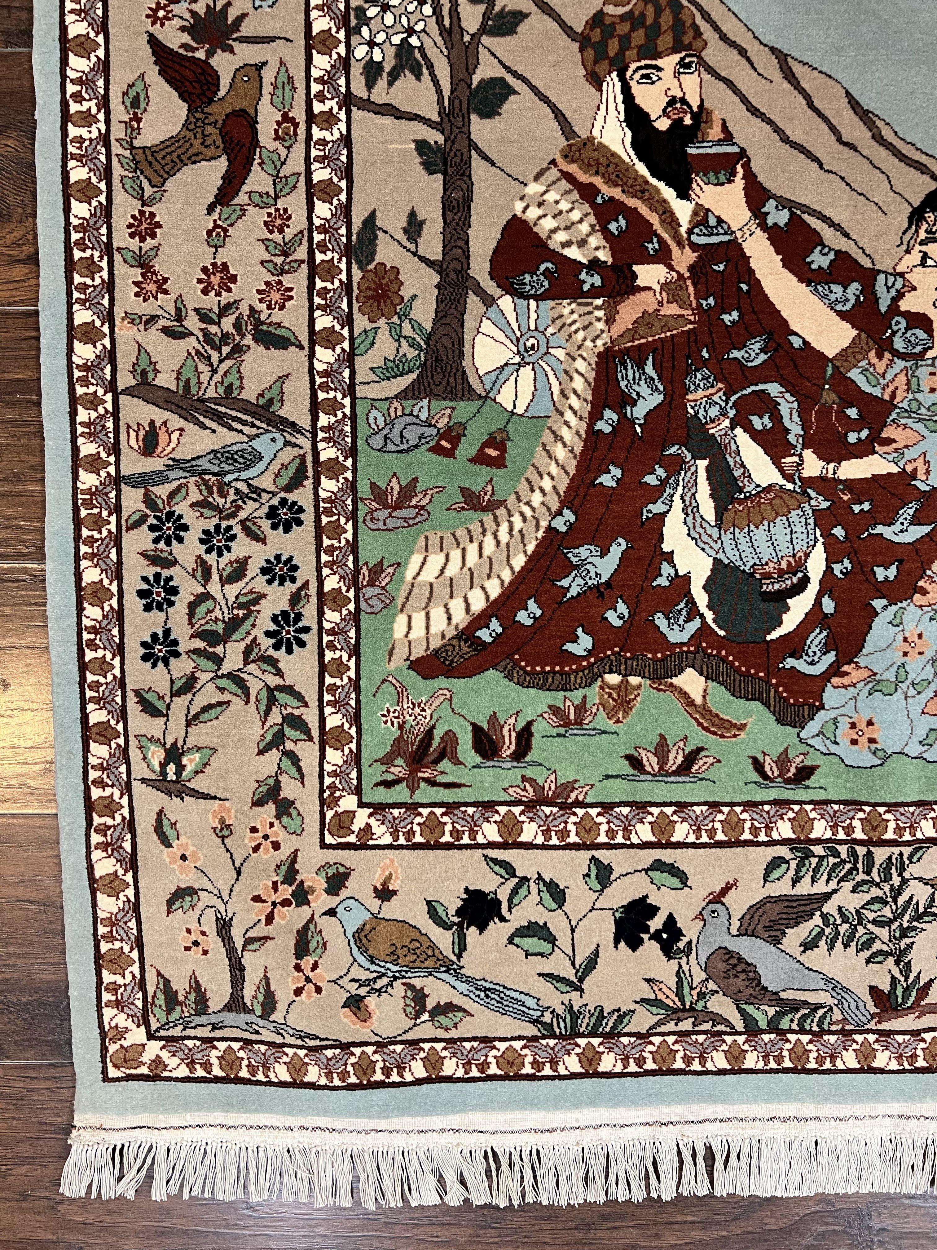 Indo Persian Pictorial Rug 4x7, Handmade Hand Knotted Wool Semi Antique Horizontal Carpet, Men & Women Drinking, Fine Rug, Bird Pictorials - Jewel Rugs