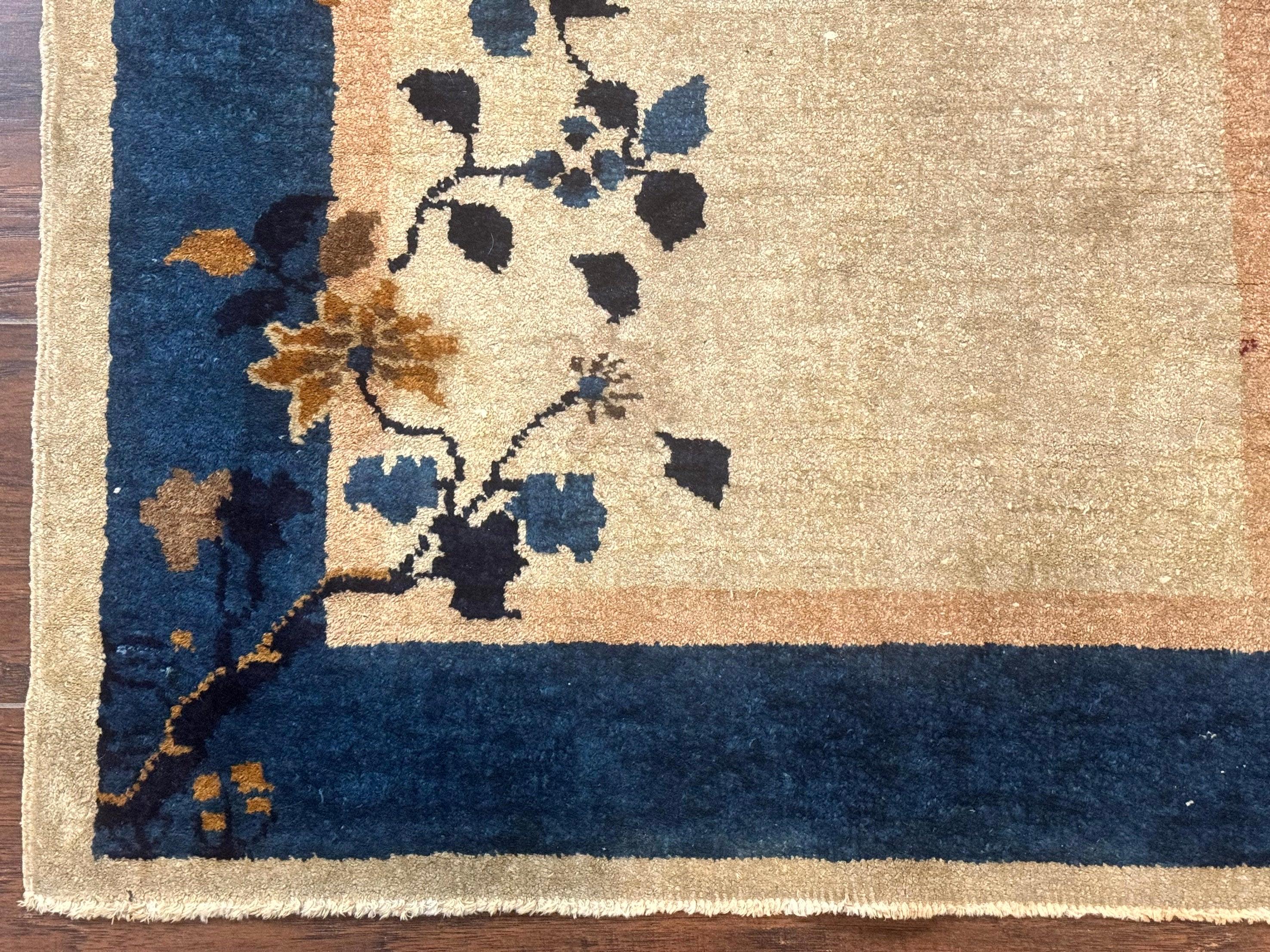 Antique Chinese Wool Rug 2.7 x 5, Simple Design, Peking Carpet, 1920s Rug, Beige and Blue, Floral - Jewel Rugs