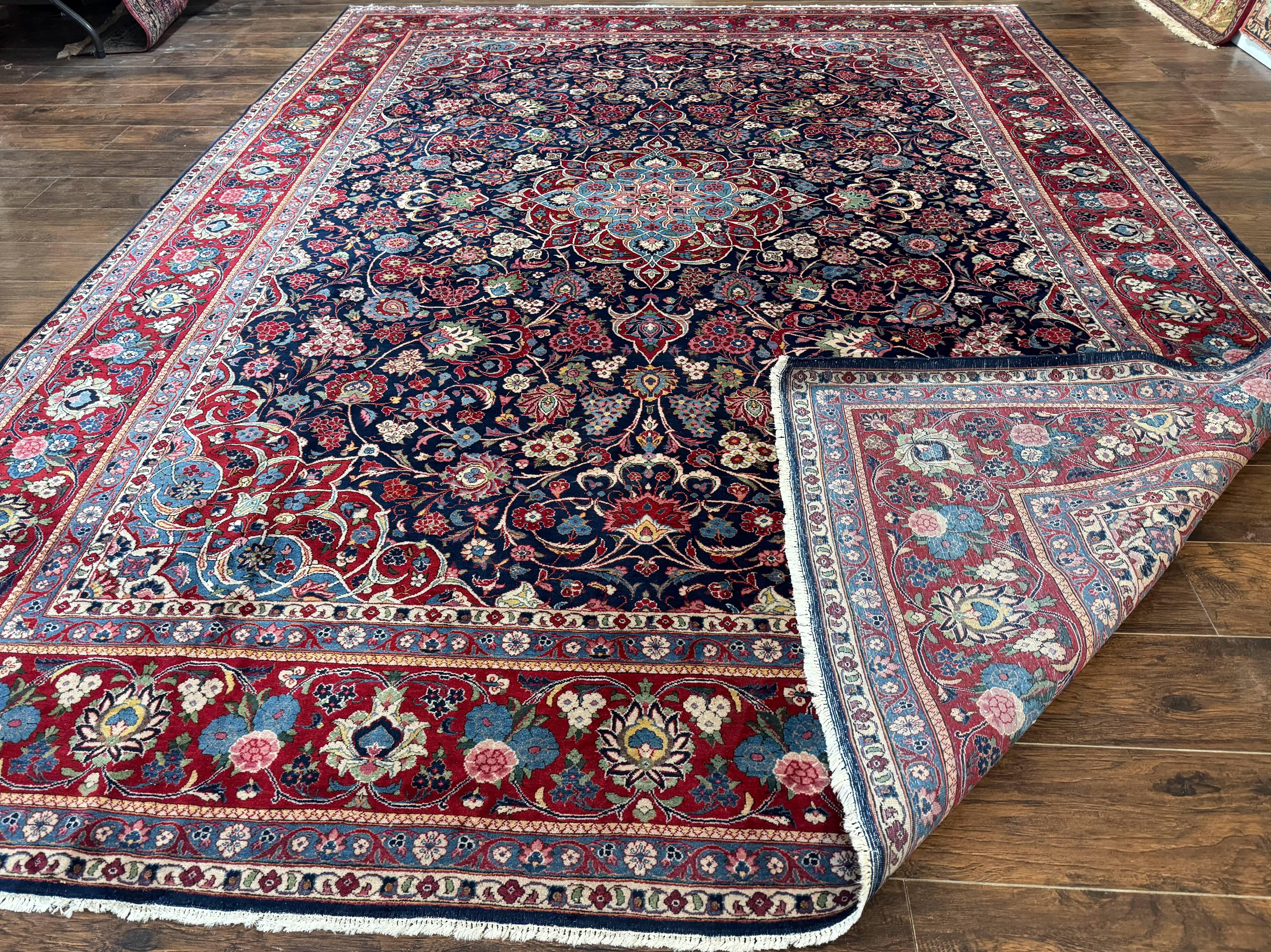 Navy Blue Persian Rug 9x12, Antique Persian Carpet, Kork Wool, 200 KPSI, Persian Kashan Rug - Jewel Rugs