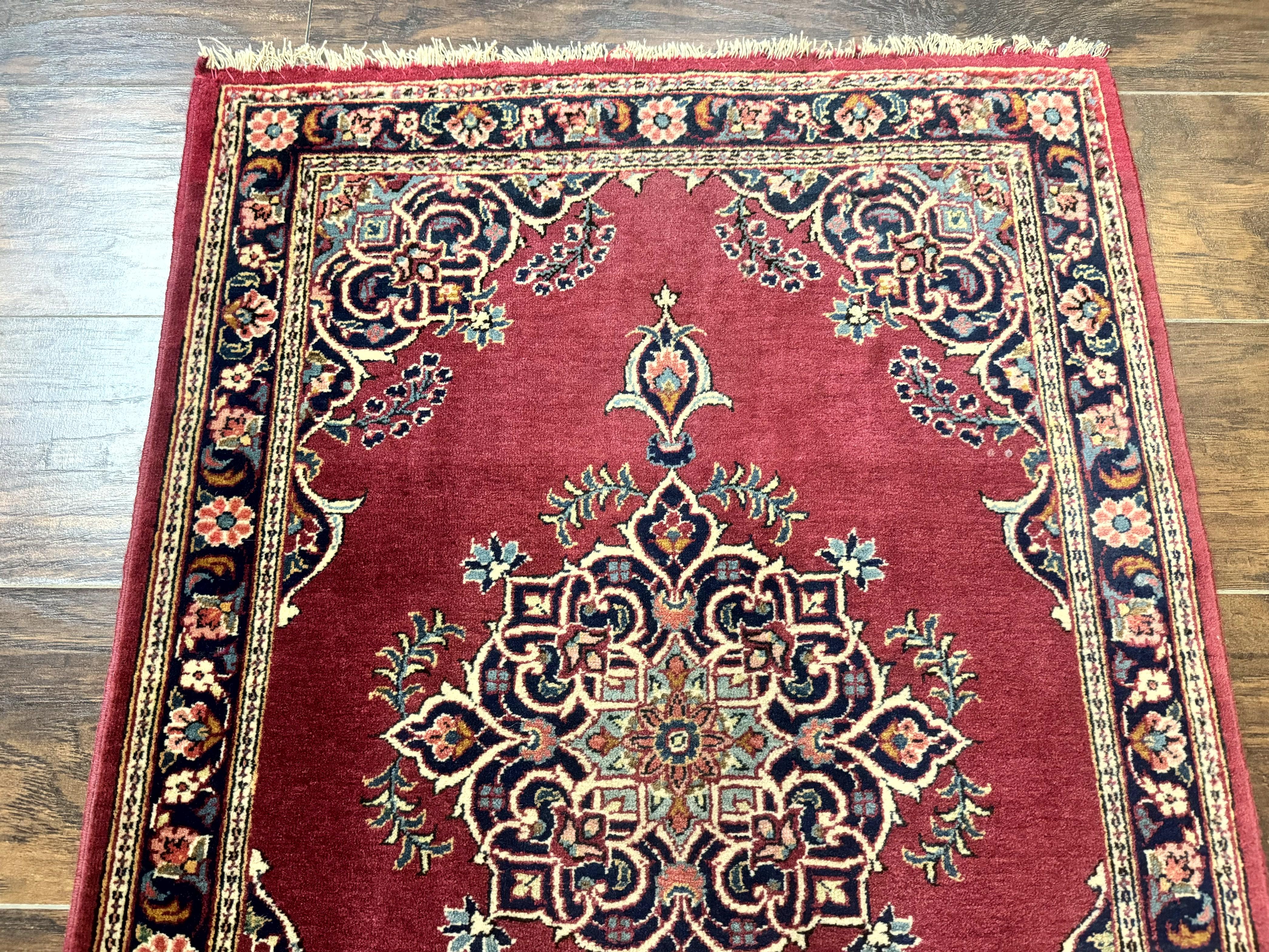 Small Persian Kashan Rug 2x3, Red and Navy Blue, Handmade Vintage Wool Semi Antique Persian Carpet, Semi Open Field, Pair B - Jewel Rugs