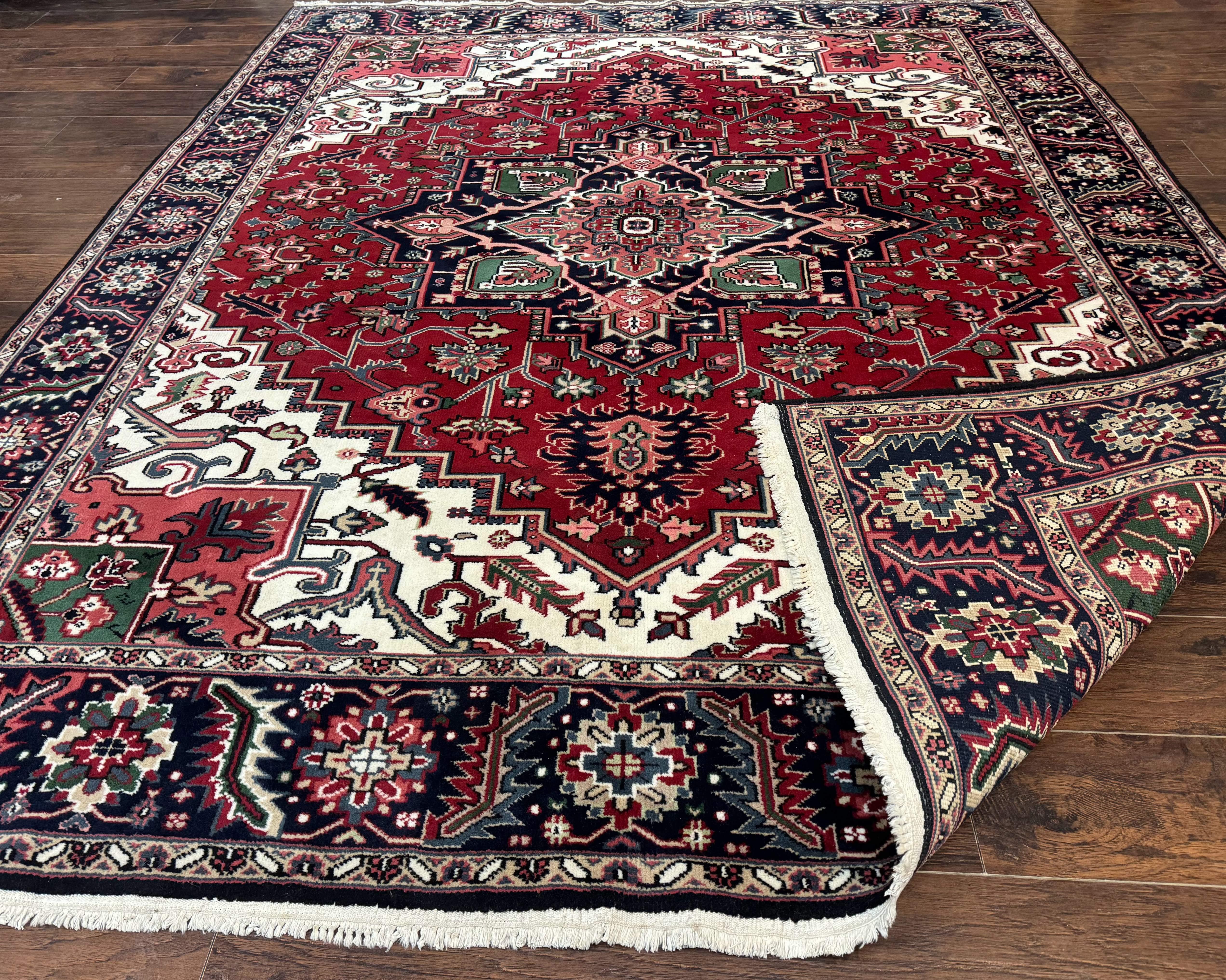 Indo Persian Heriz Rug 8x10, Geometric Medallion, Brick Red Ivory Navy Blue, Room Sized Heriz Carpet, Wool Rug - Jewel Rugs