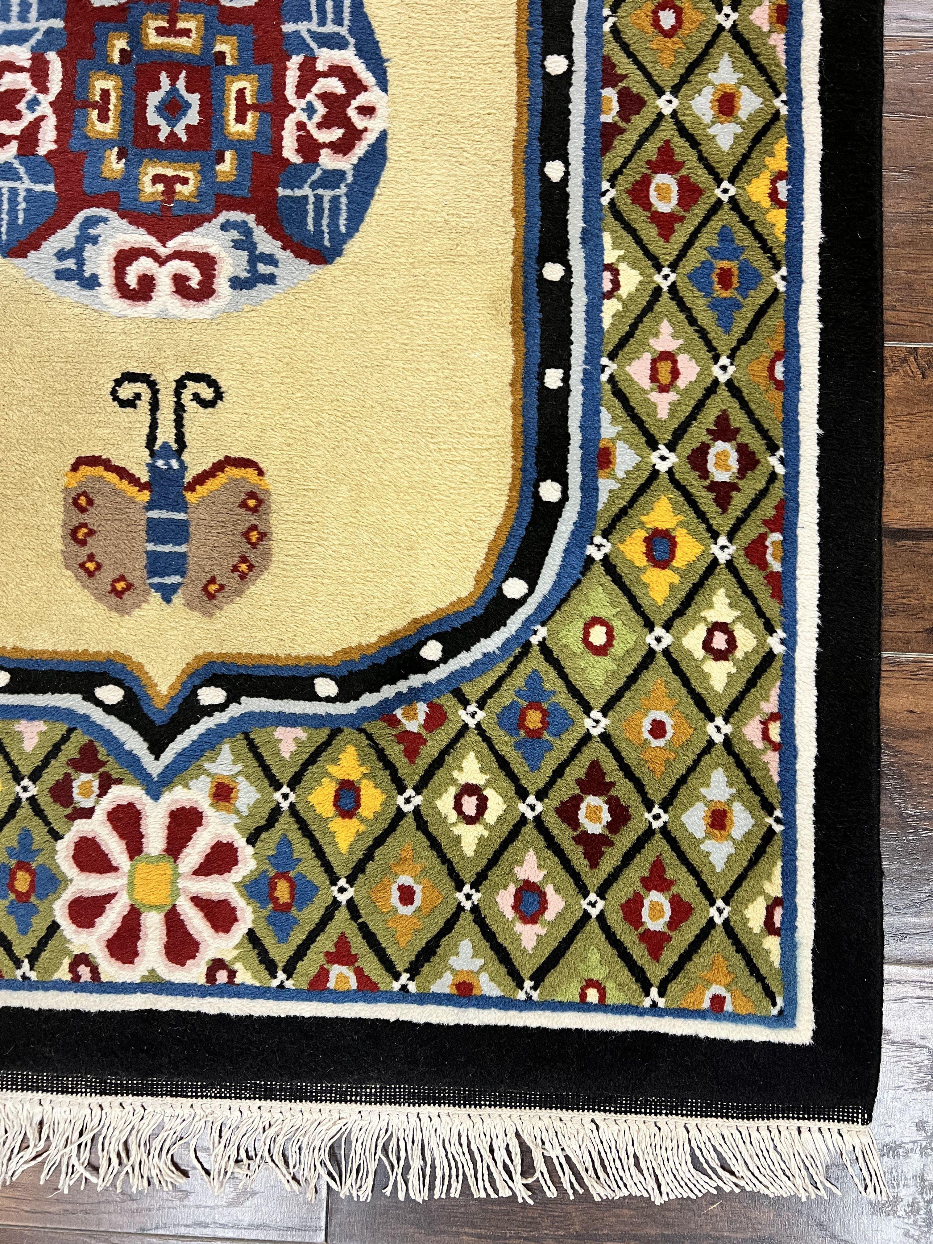 Chinese Rug 3x6 ft, Chinese Wool Rug, Tiensin Rug, Handmade Wool 3 x 6 Vintage Peking Rug, Art Deco Rug, Butterflies - Jewel Rugs