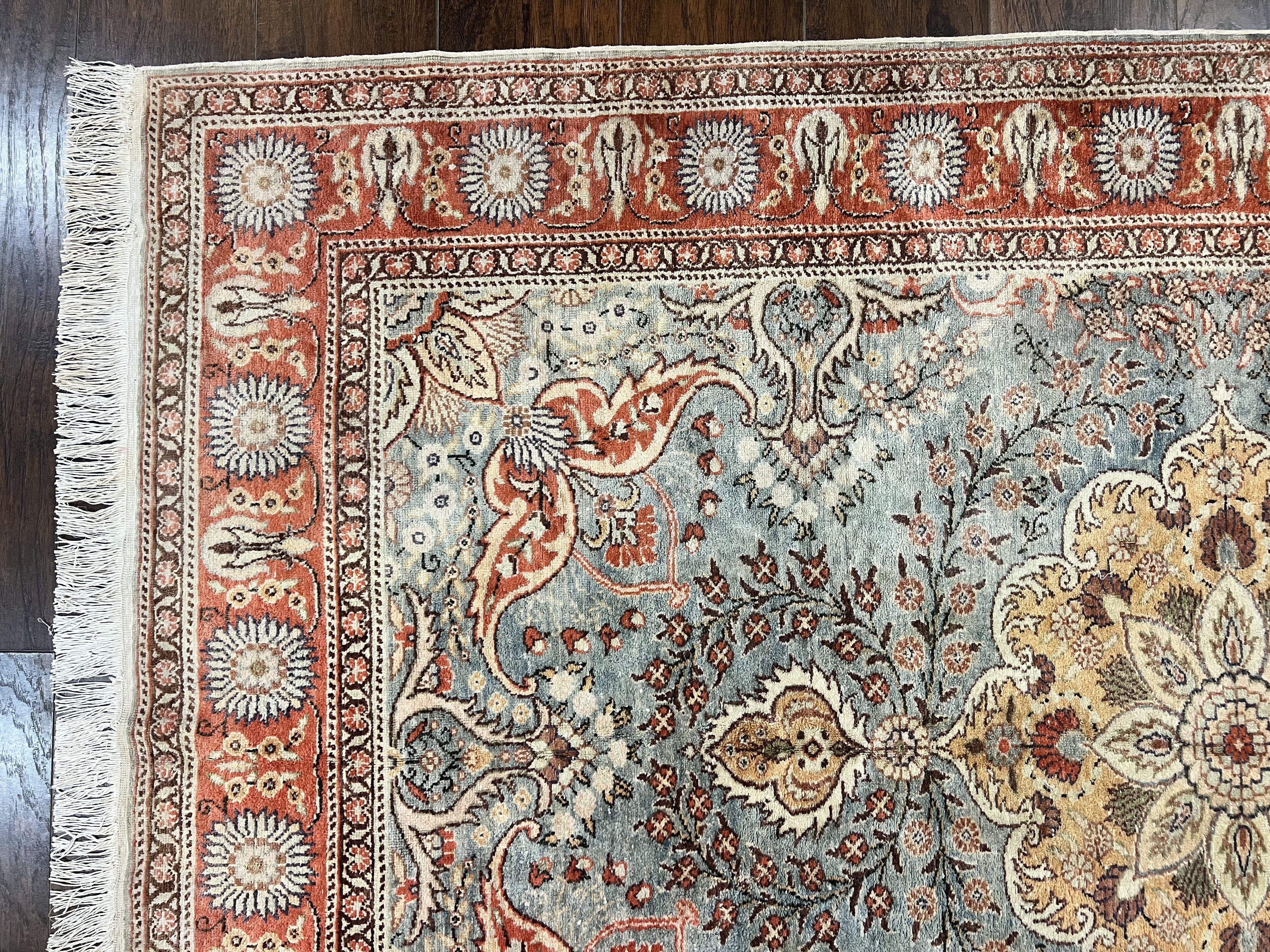 Silk Turkish Rug 5x7, Light Blue Silk Carpet, Floral Medallion, Turkish Kayseri Rug, Vintage Handmade Oriental Rug - Jewel Rugs