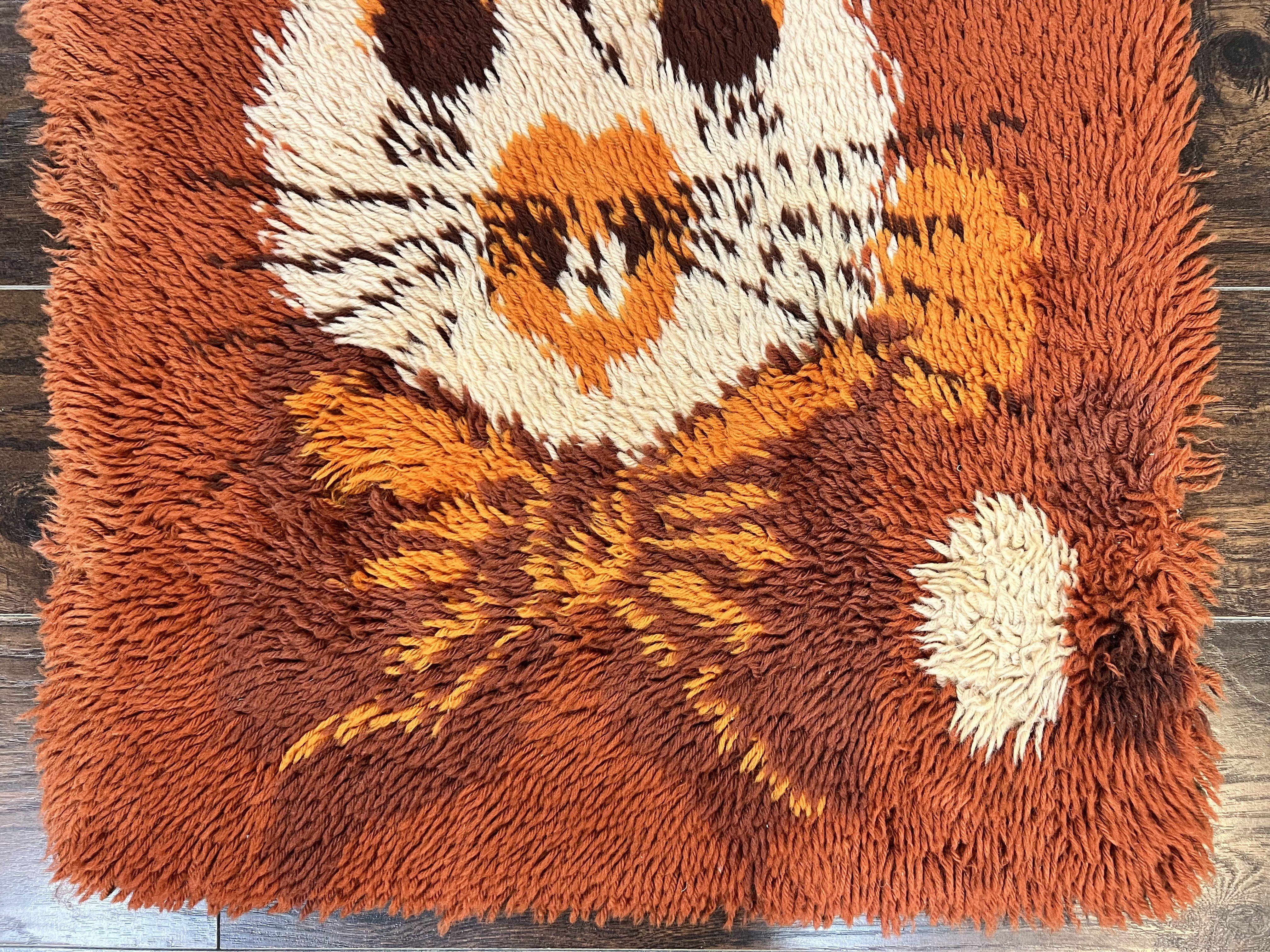 Rya Shag Rug 2x4, Rabbit in Top Hat, Wool, Orange, Vintage 1960s Danish Shag Rug - Jewel Rugs