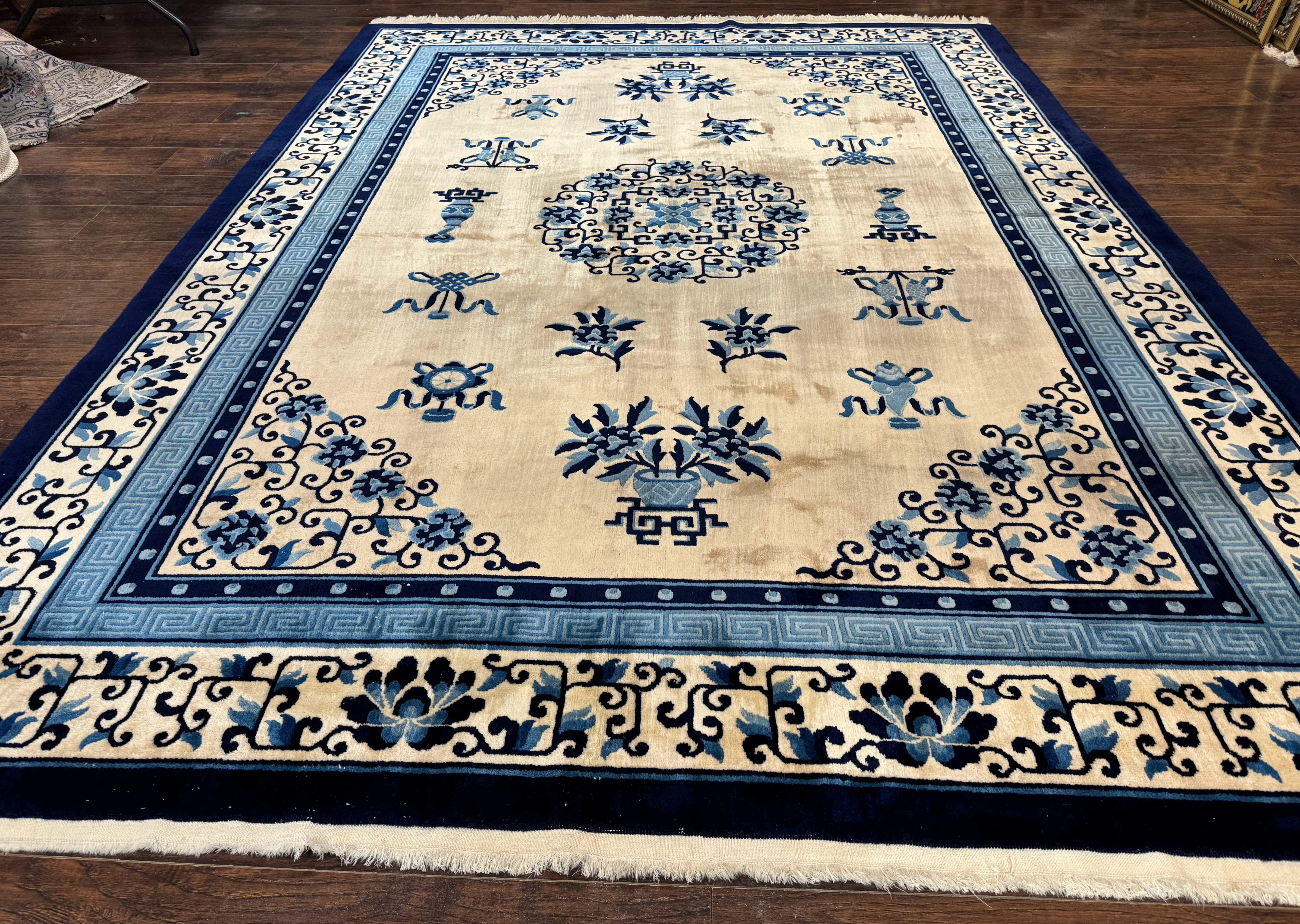 Chinese Peking Rug 8x11 – Ivory and Blue, Hand-Knotted Wool, Asian Oriental Carpet - Jewel Rugs