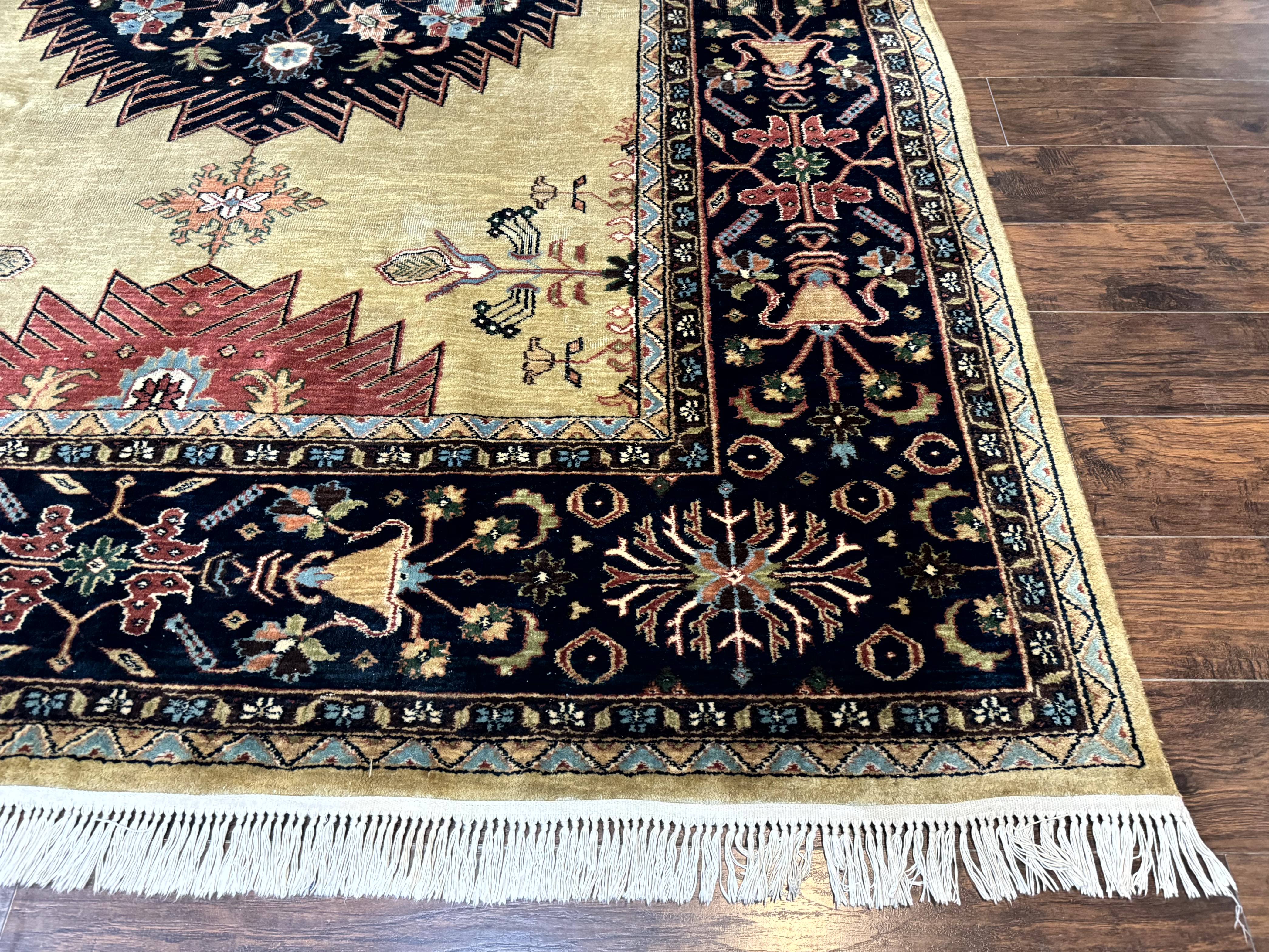 Indo Persian Heriz Rug 8x12, Camel Hair Tan and Navy Blue, Decorative - Jewel Rugs