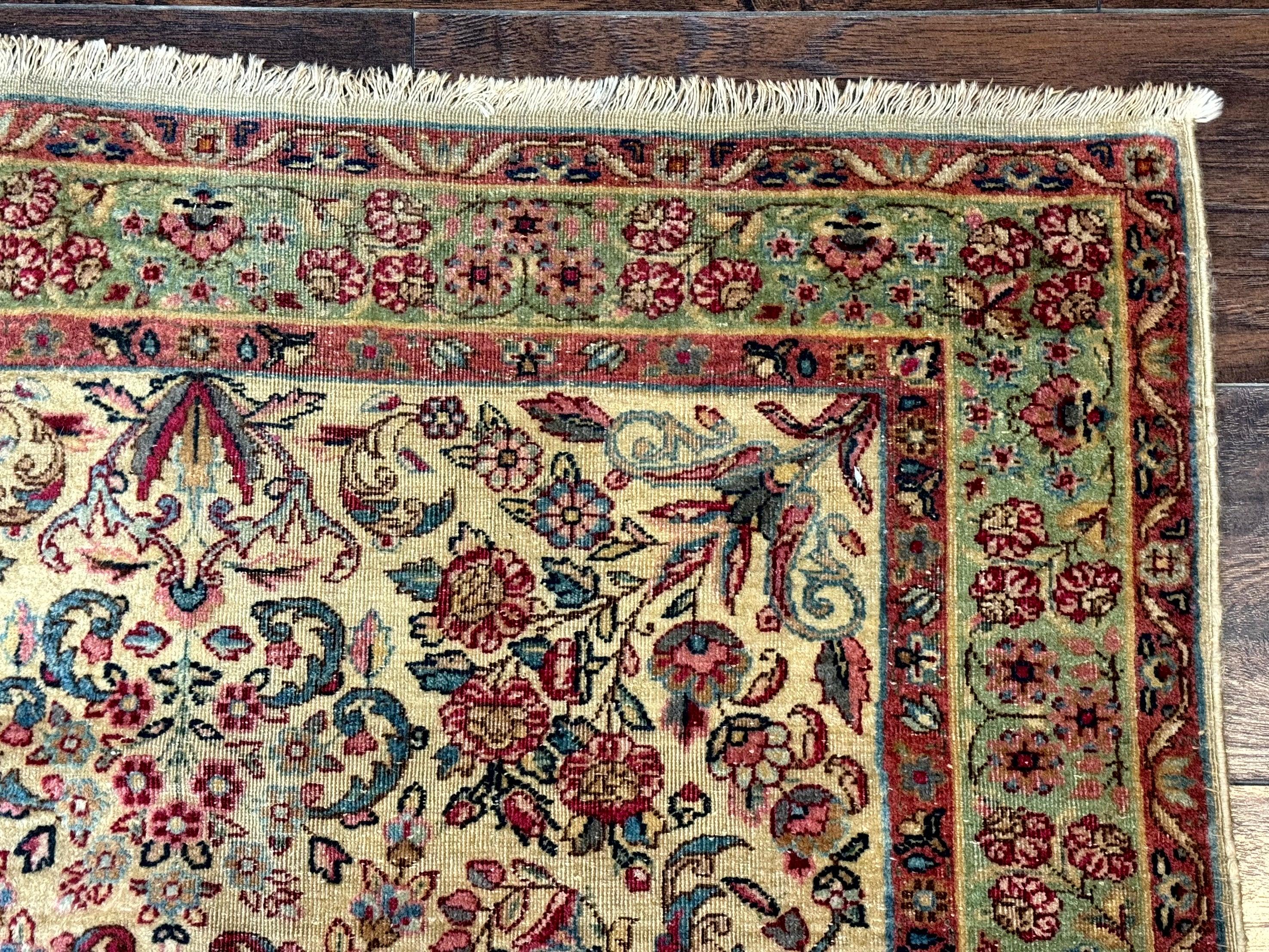 Antique Persian Kerman Rug 3x5, Floral Design, Cream and Light Green - Jewel Rugs