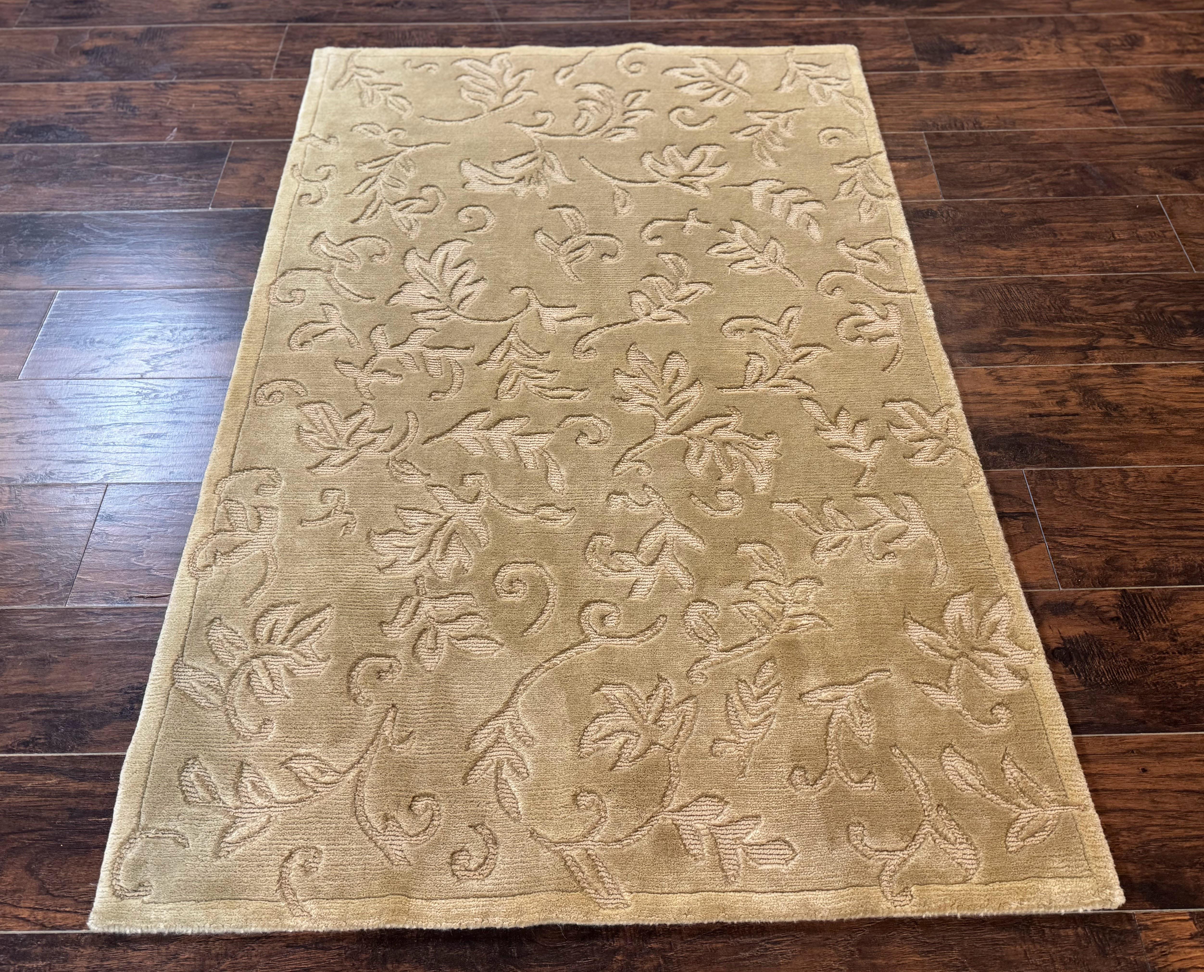Modern Tibetan Rug 3.7 x 5.5, Carved Floral Design, Wool and Silk Highlights - Jewel Rugs