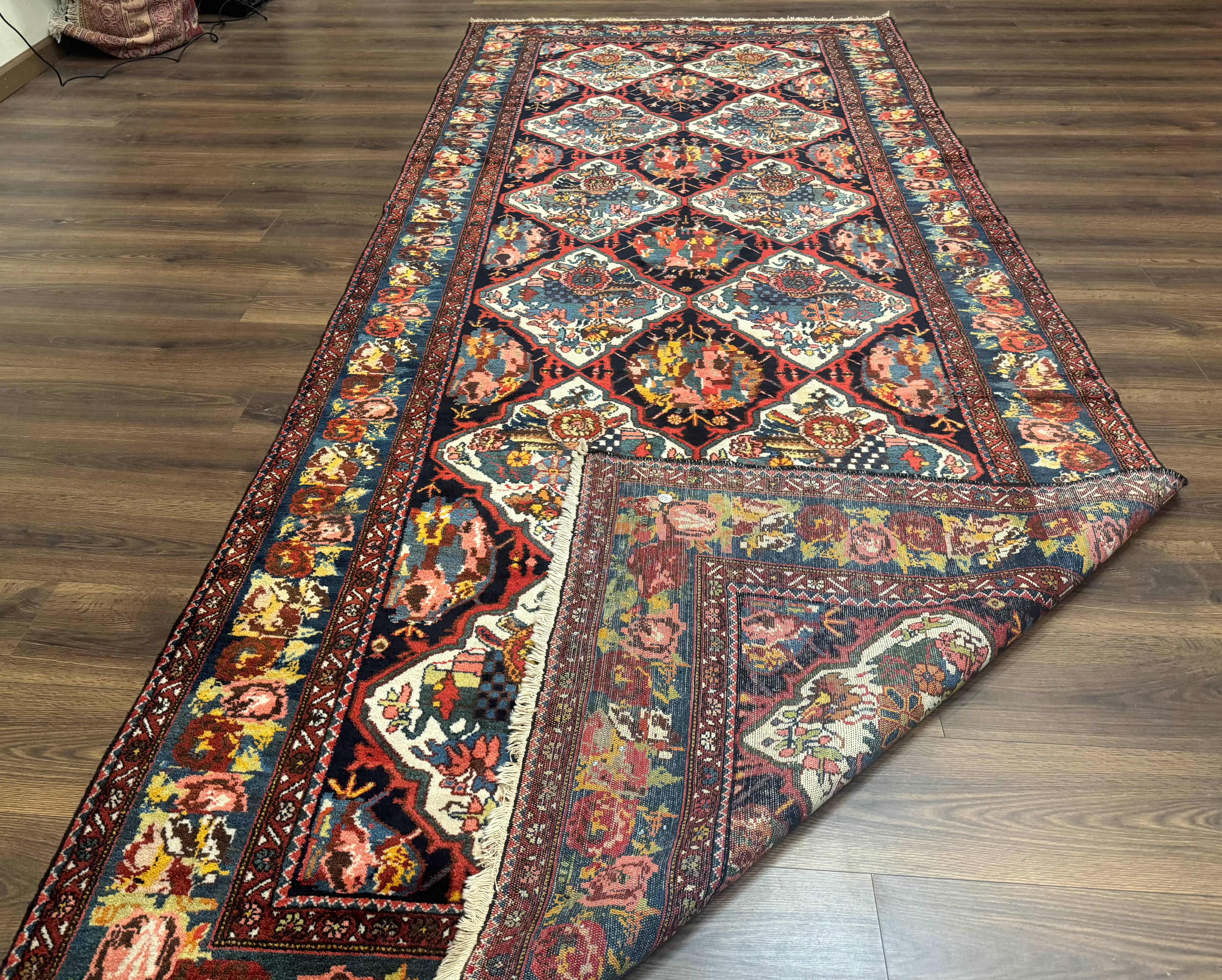 Persian Bakhtiari Rug 5x12, Wide Runner Rug, Unique Size, Multicolor Panel Design, Navy Blue Ivory, Antique Persian Rug, Colorful - Jewel Rugs