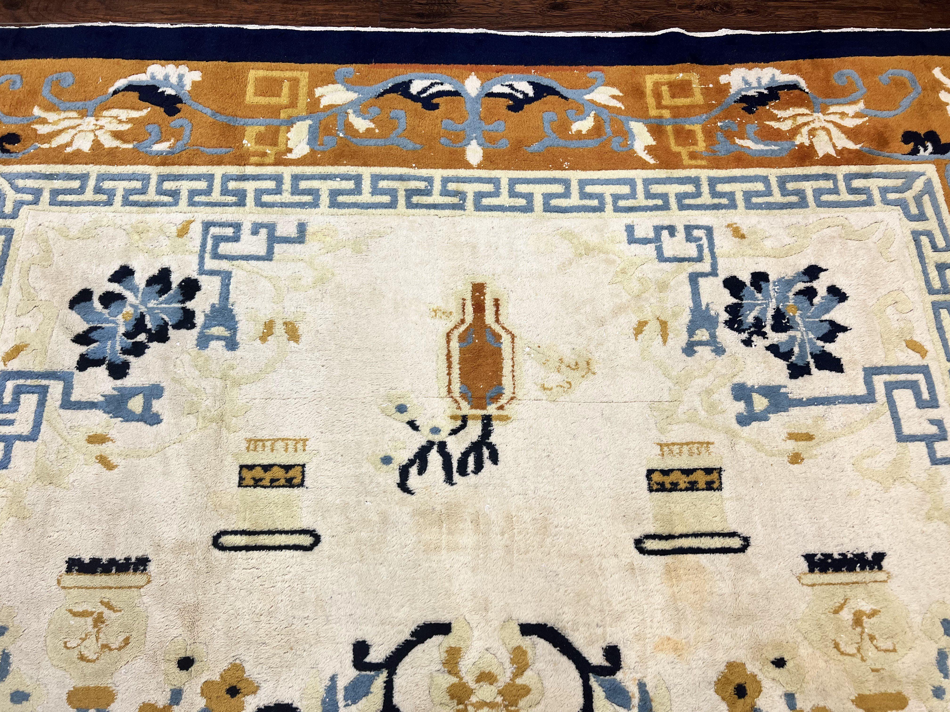 Indo Chinese Rug 9x12, Asian Oriental Carpet 9 x 12, Cream & Burnt Orange, Handmade Wool Vintage Art Deco Rug - Jewel Rugs