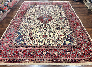 Beautiful Persian Sarouk Rug 9x12, Floral Medallion, Cream/Ivory Persian Carpet, Hand Knotted Wool Rug, Semi Antique Room Sized Carpet, Vintage