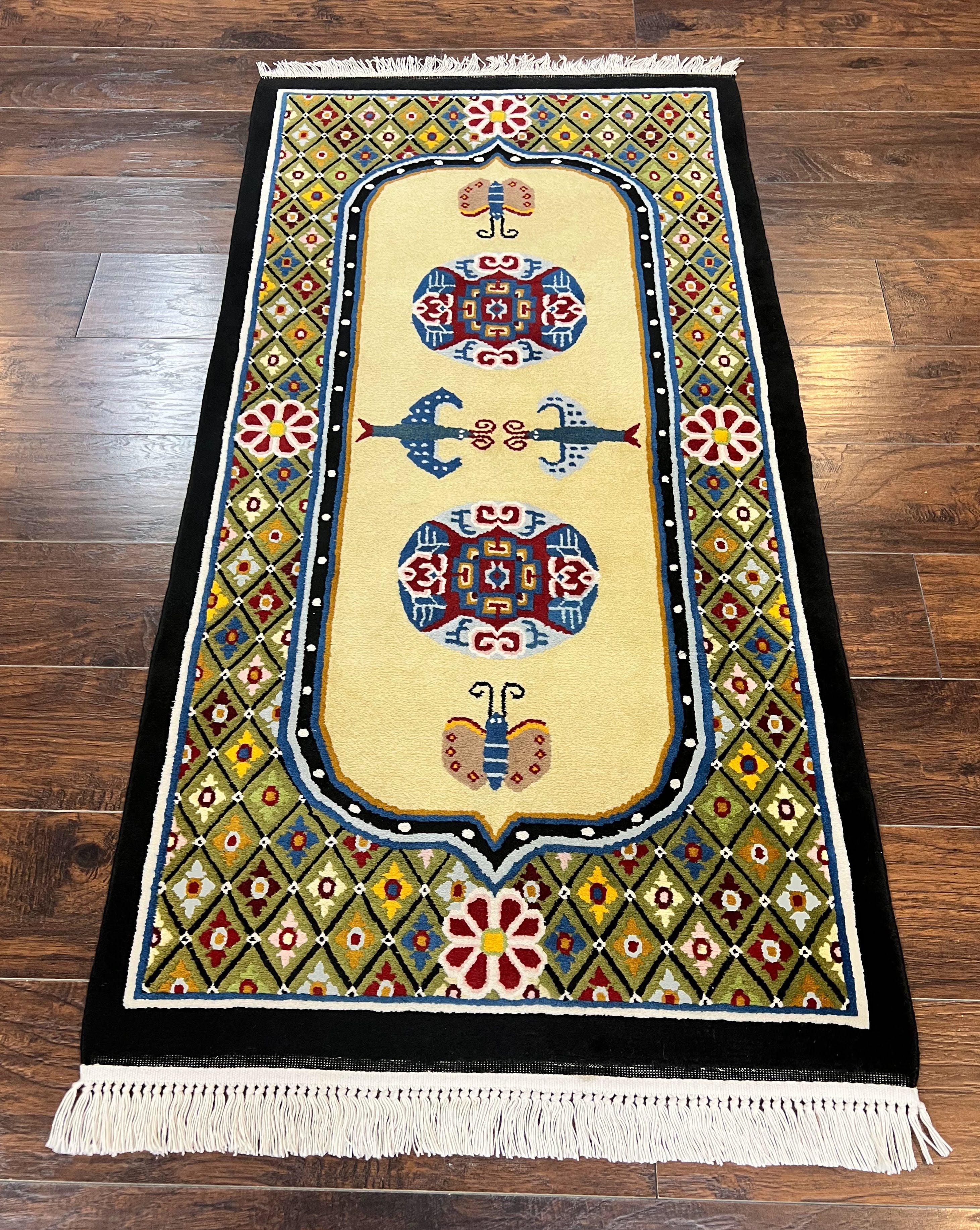 Chinese Rug 3x6 ft, Chinese Wool Rug, Tiensin Rug, Handmade Wool 3 x 6 Vintage Peking Rug, Art Deco Rug, Butterflies - Jewel Rugs