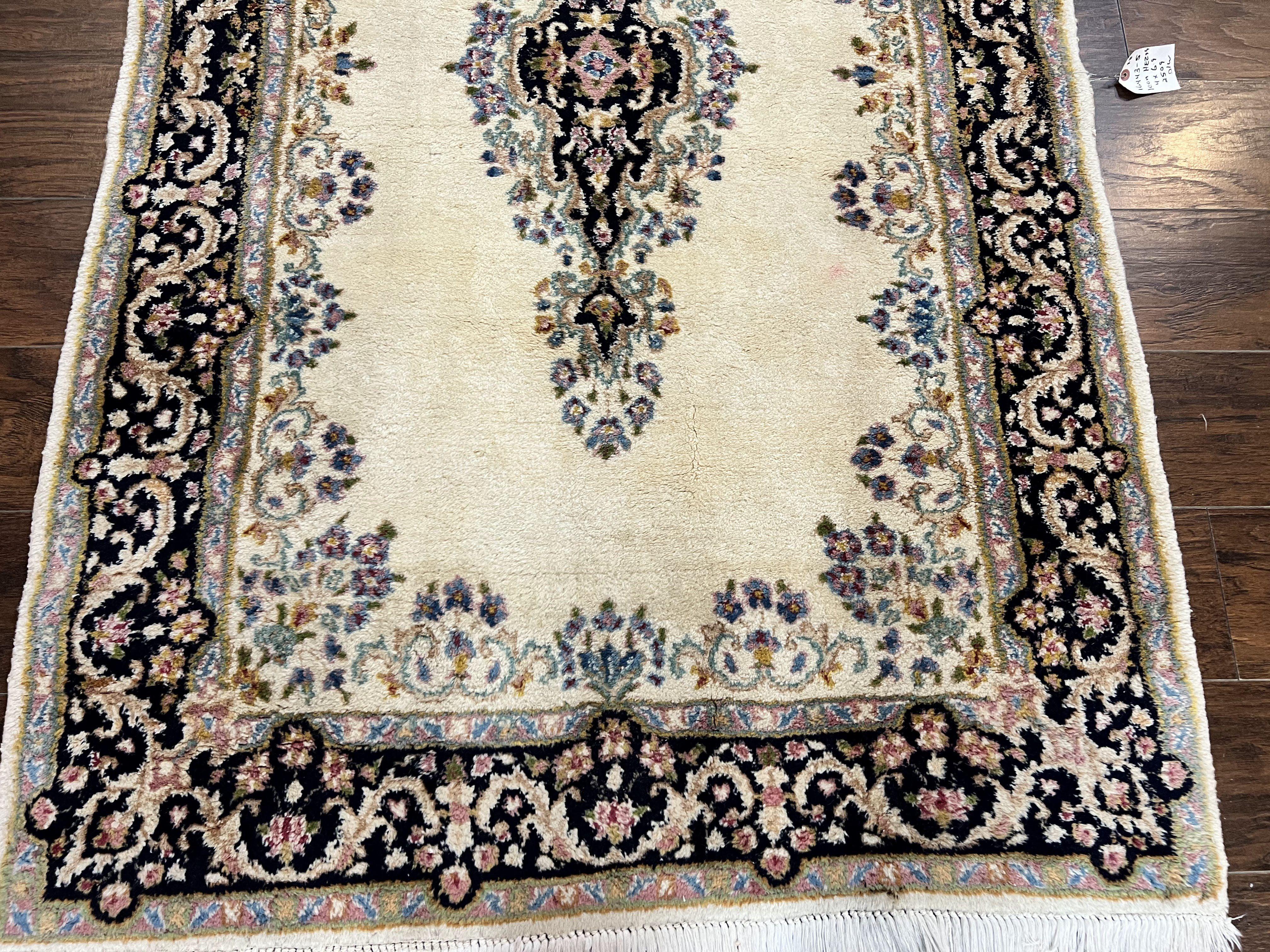 Persian Kirman Rug 4x7, Wool Hand Knotted Antique Carpet, Beige, Semi Open Field Medallion Rug, Traditional Handmade Oriental Rug - Jewel Rugs