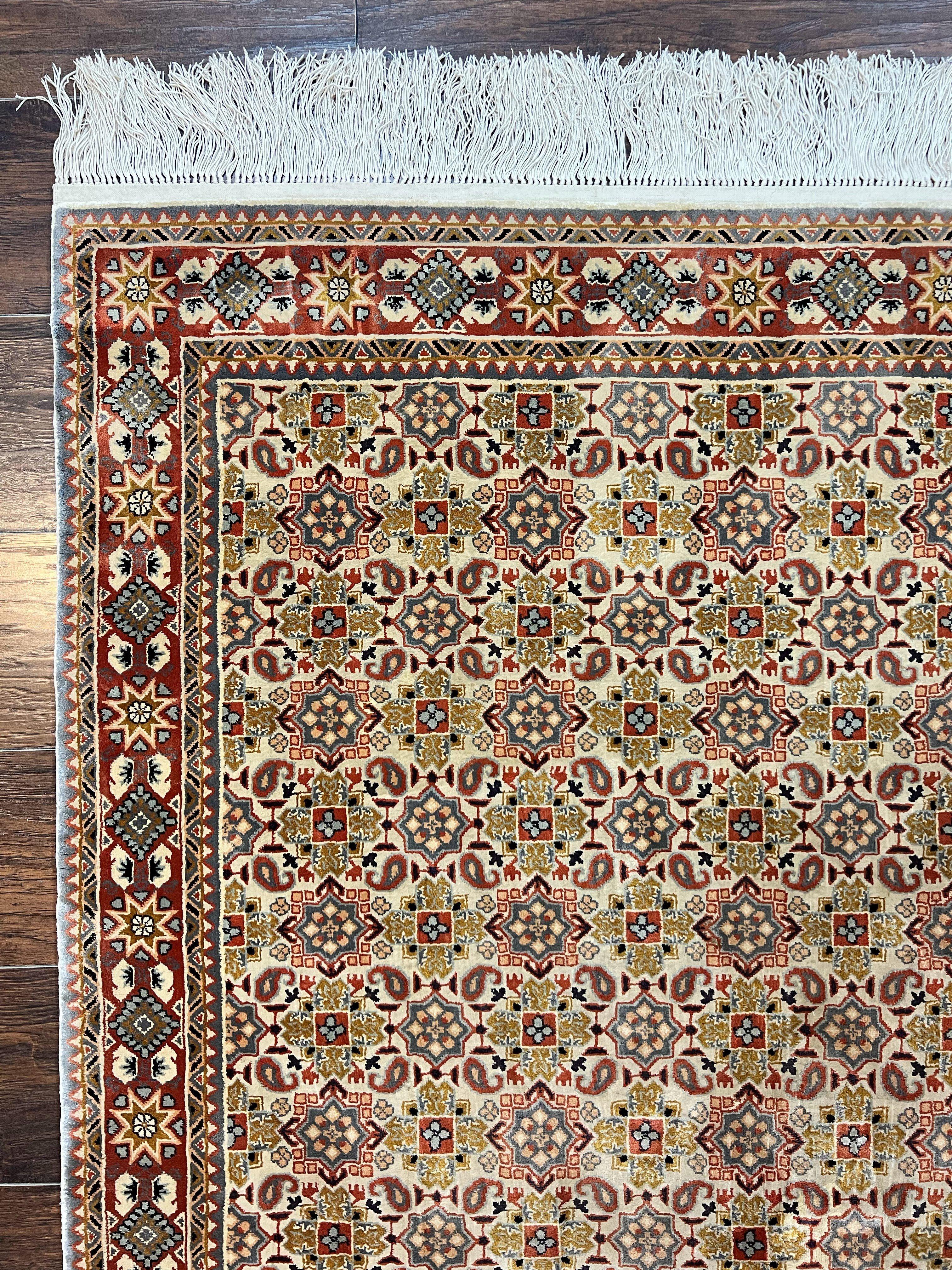Turkish Kayseri Silk Rug 4x6, Hand Knotted Handmade Vintage Allover Pattern, Fine Silk Oriental Carpet 4 x 6 ft, Traditional Rug, Cream - Jewel Rugs