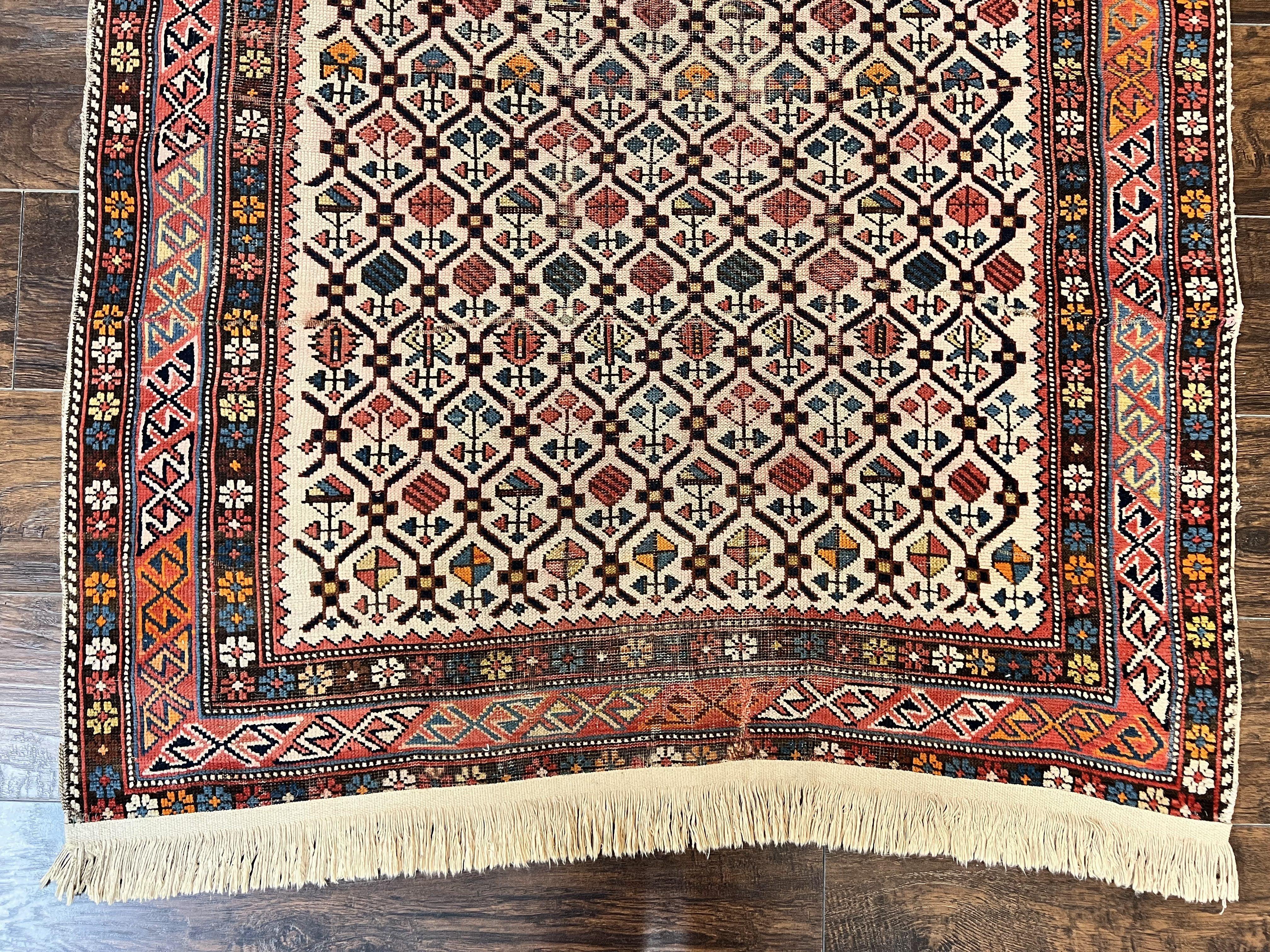 Antique Caucasian Rug 4x5, Hand Knotted Handmade Shirvan Oriental Carpet, Ivory Red Rug Allover Pattern, Rare Wool Rug, Tribal Geometric Rug - Jewel Rugs