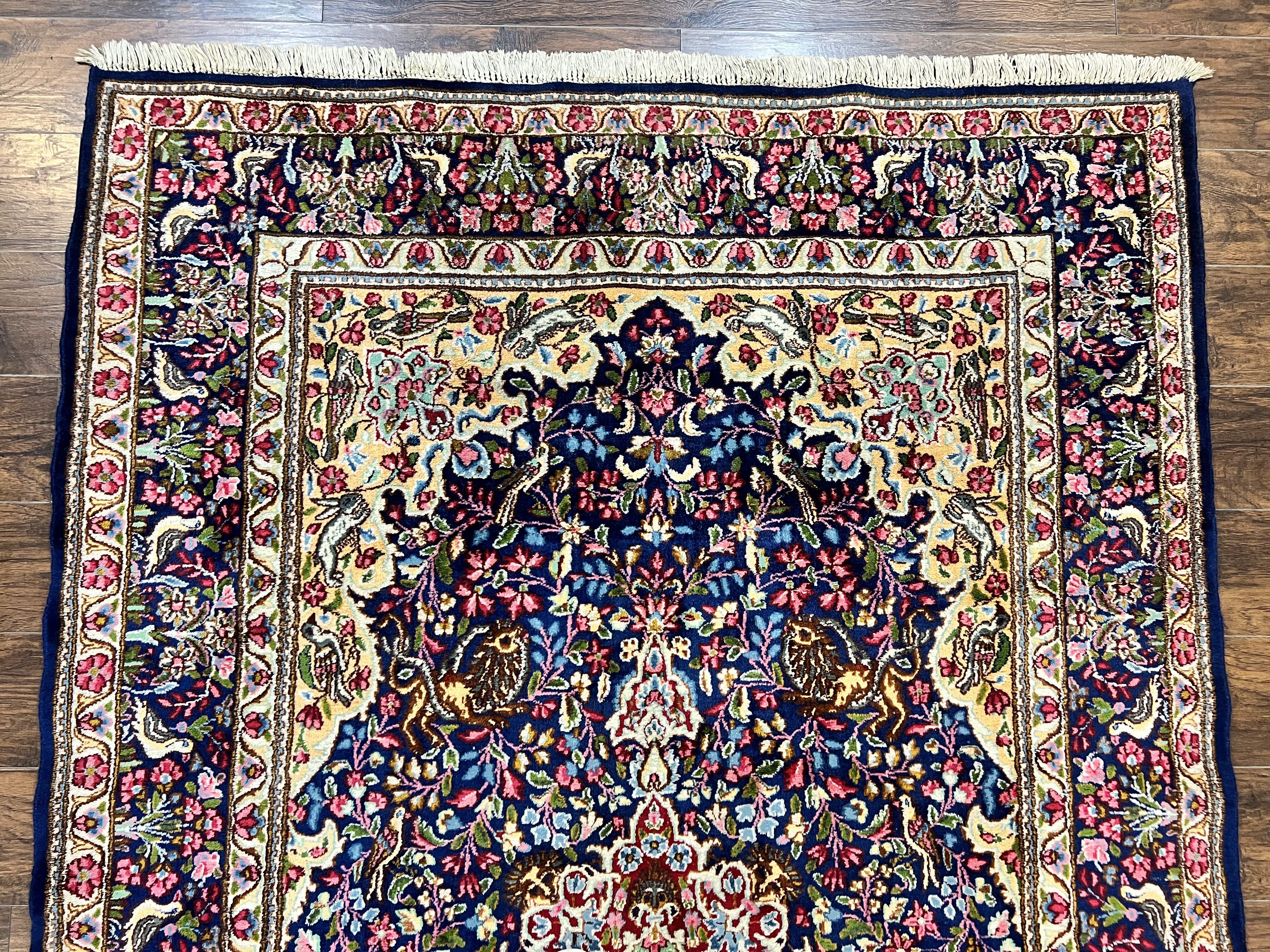 Persian Kirman Rug 6x9, Floral Medallion Vintage Wool Handmade Carpet 6 x 9, Animal Pictorials Birds, Semi Antique, Navy Blue, Millefleur - Jewel Rugs