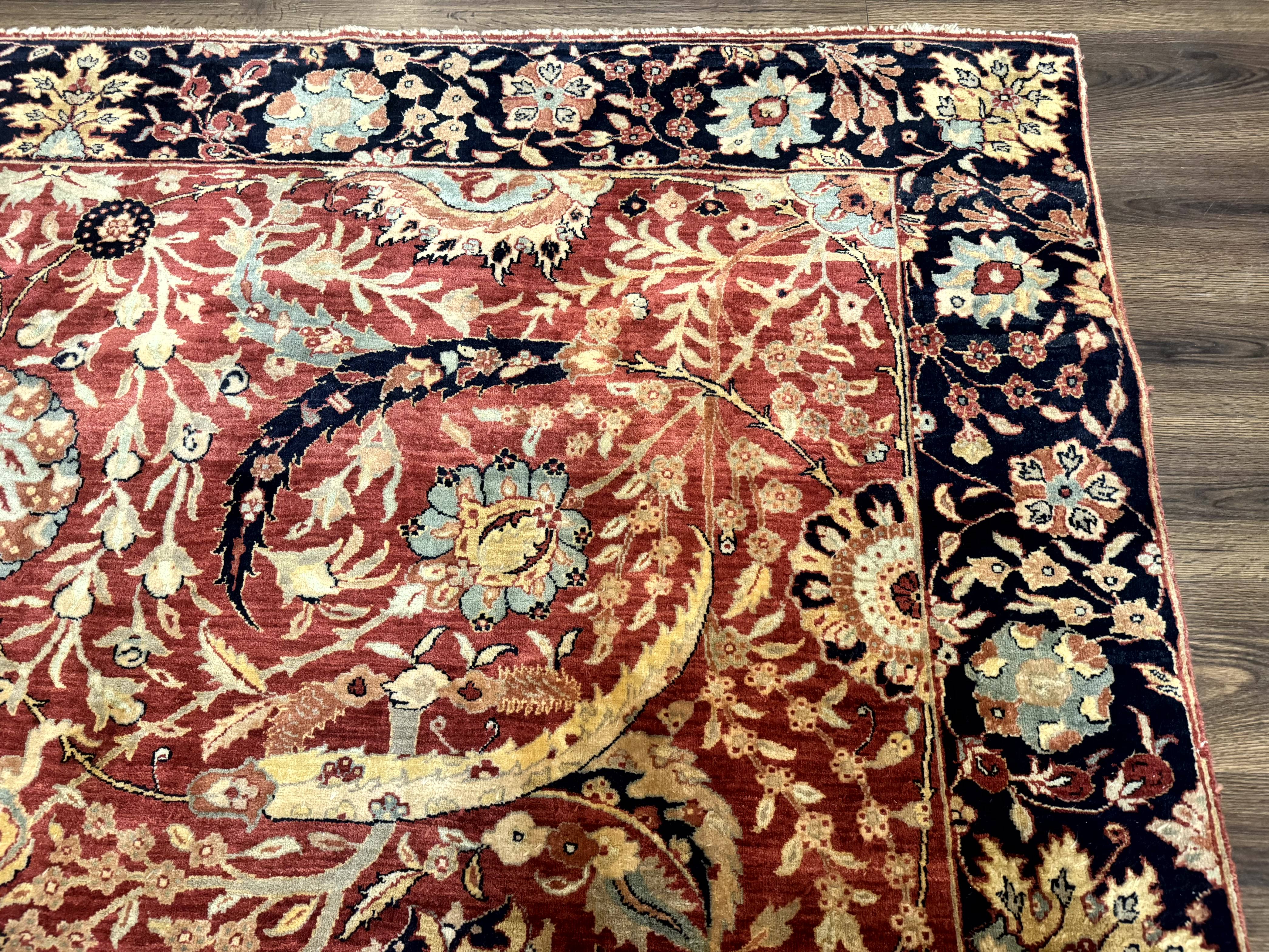 Indian Agra Rug 9x11, Terracotta and Navy Blue, Sickle Leaf Rug - Jewel Rugs