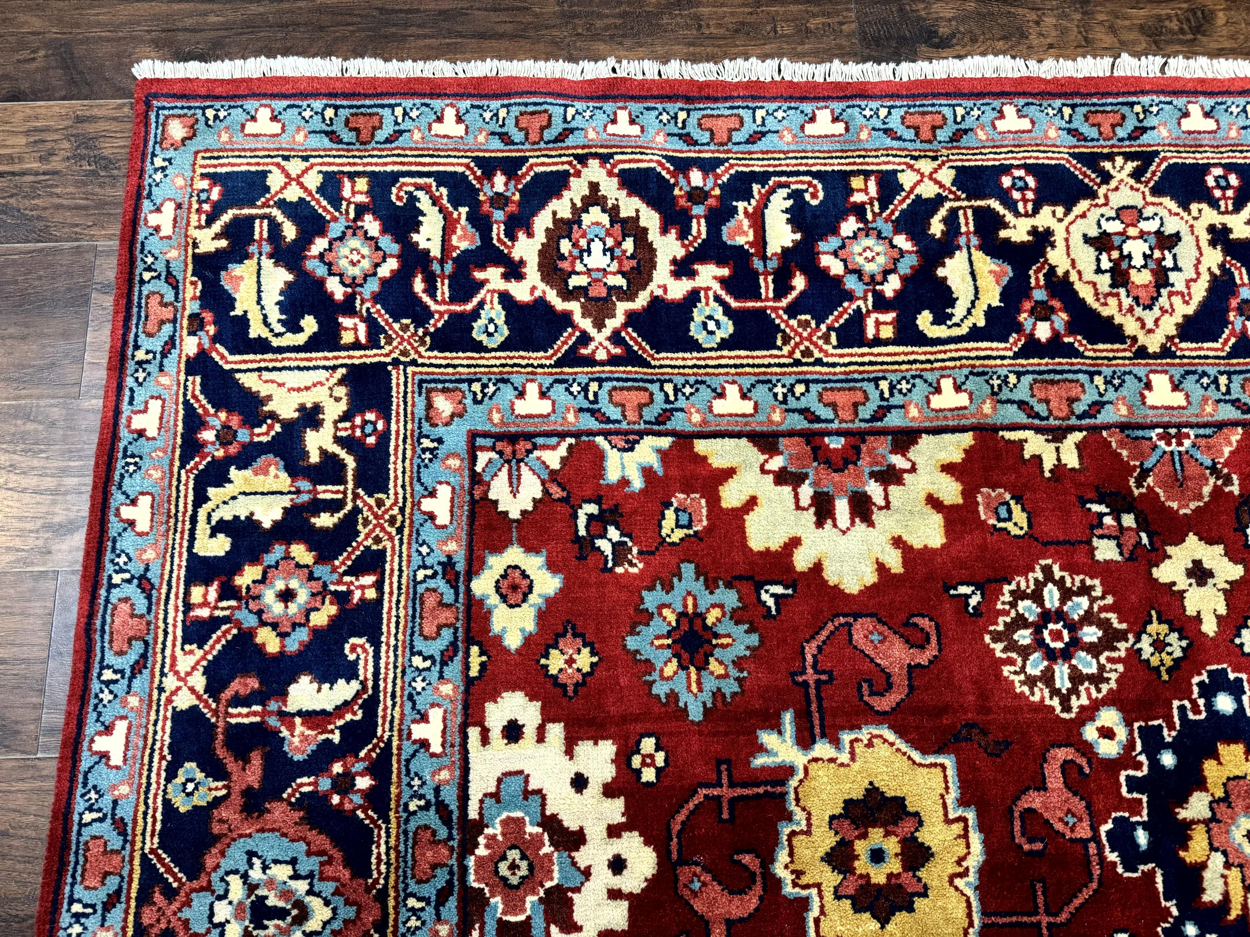 Indo Heriz Rug 8x10, Red and Navy Blue, Allover Pattern, Wool Handmade Carpet - Jewel Rugs