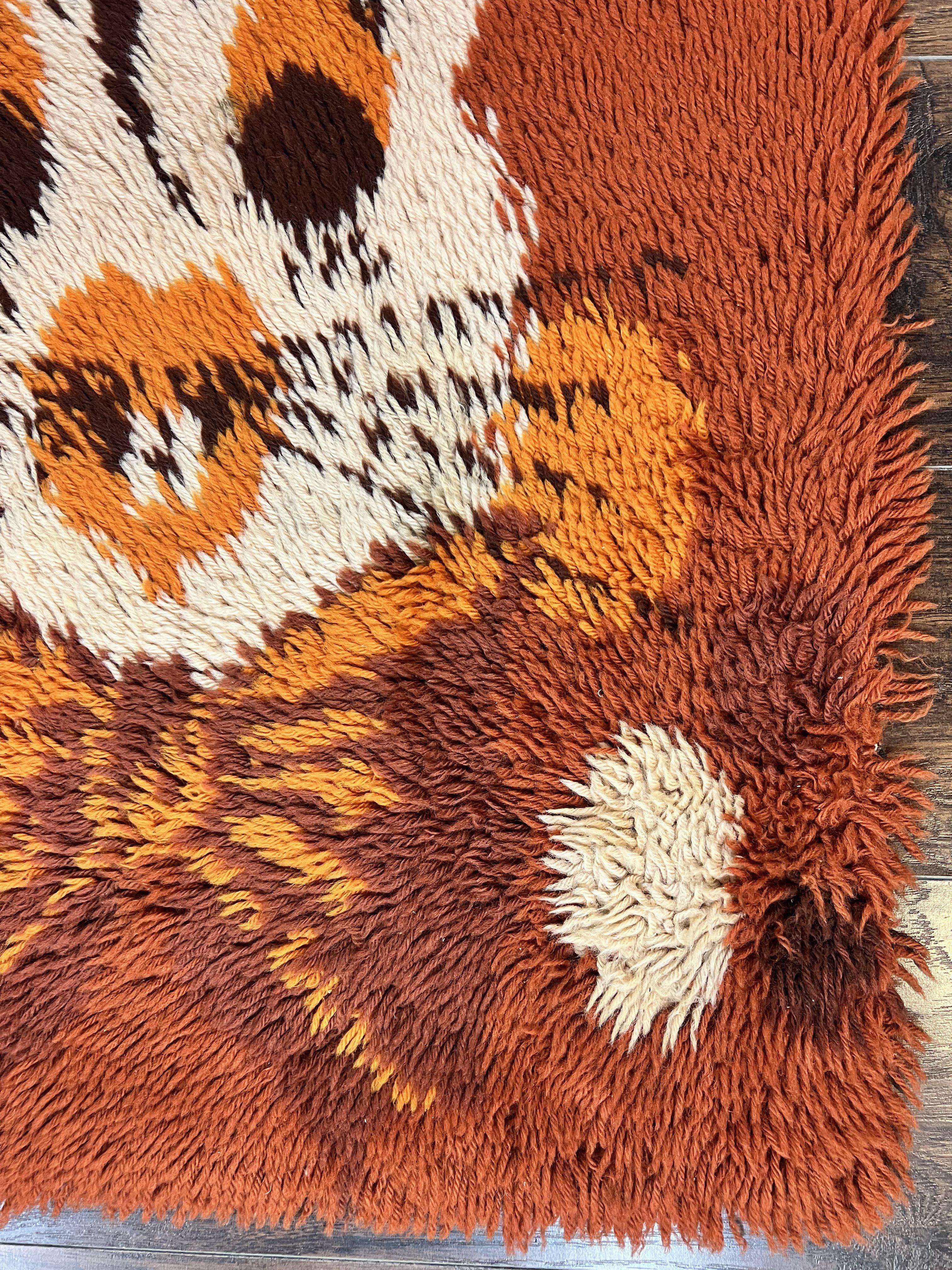 Rya Shag Rug 2x4, Rabbit in Top Hat, Wool, Orange, Vintage 1960s Danish Shag Rug - Jewel Rugs