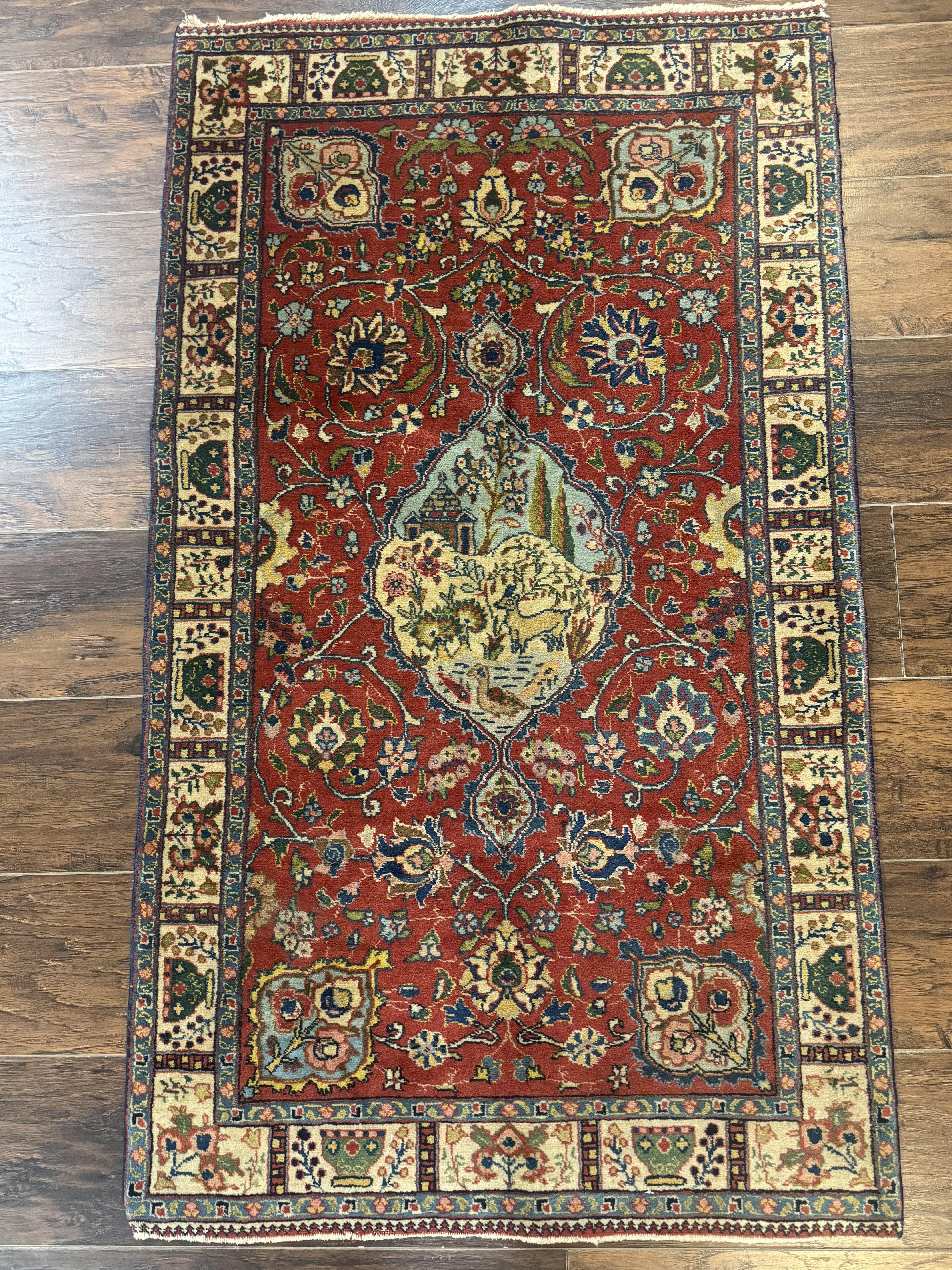 Small Persian Tabriz Rug 2.8 x 4.7, Red, Animal Pictorials, Semi Antique Vintage - Jewel Rugs