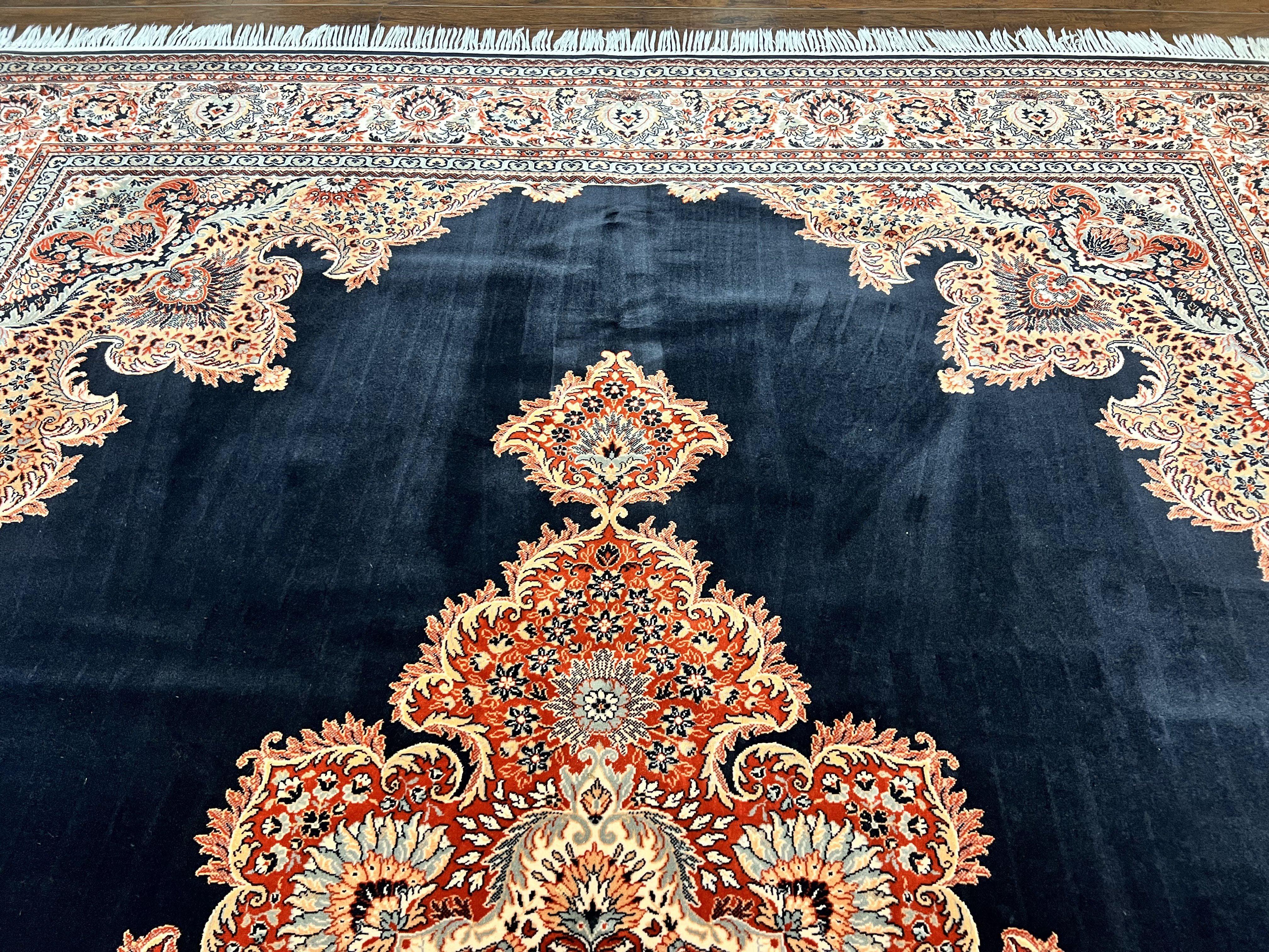 Karastan Rug 10x13, Karastan Ebony Kirman Rug, Room SIzed Wool Pile Vintage Karastan Carpet, Belgium Power Loomed Rug, Black Semi Open Field - Jewel Rugs