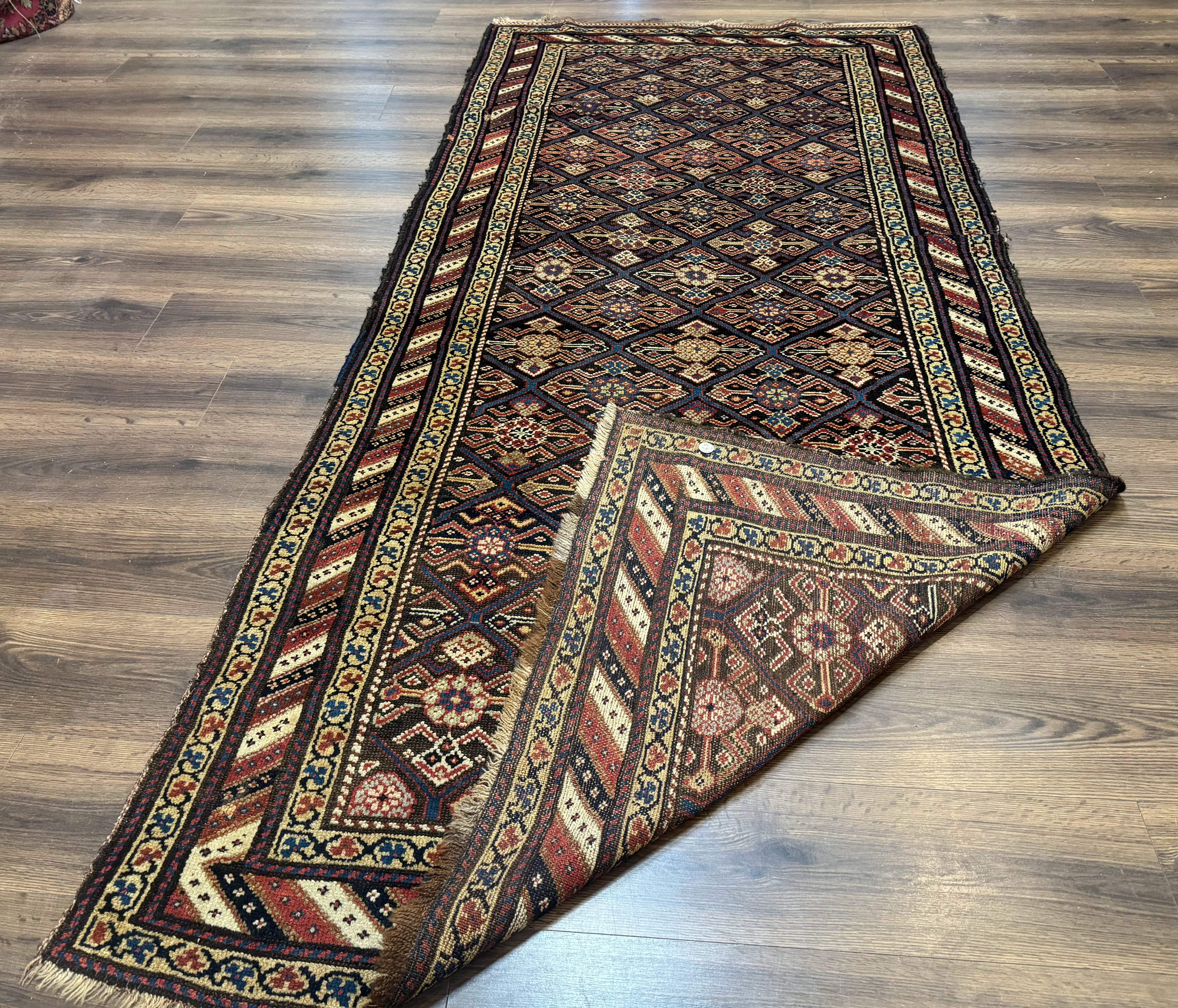 Antique Persian Wide Runner Rug 4x9, Kurdish Rug, Panel Design, Rainbow Border, Rare Tribal Rug - Jewel Rugs