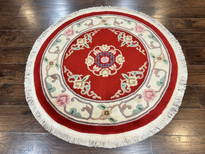 Round Chinese 90 Line Rug 4x4, Wool Hand Knotted Vintage Carpet, Red & Cream Rug, Round Art Deco Handmade Rug, Soft Pile 4ft Round