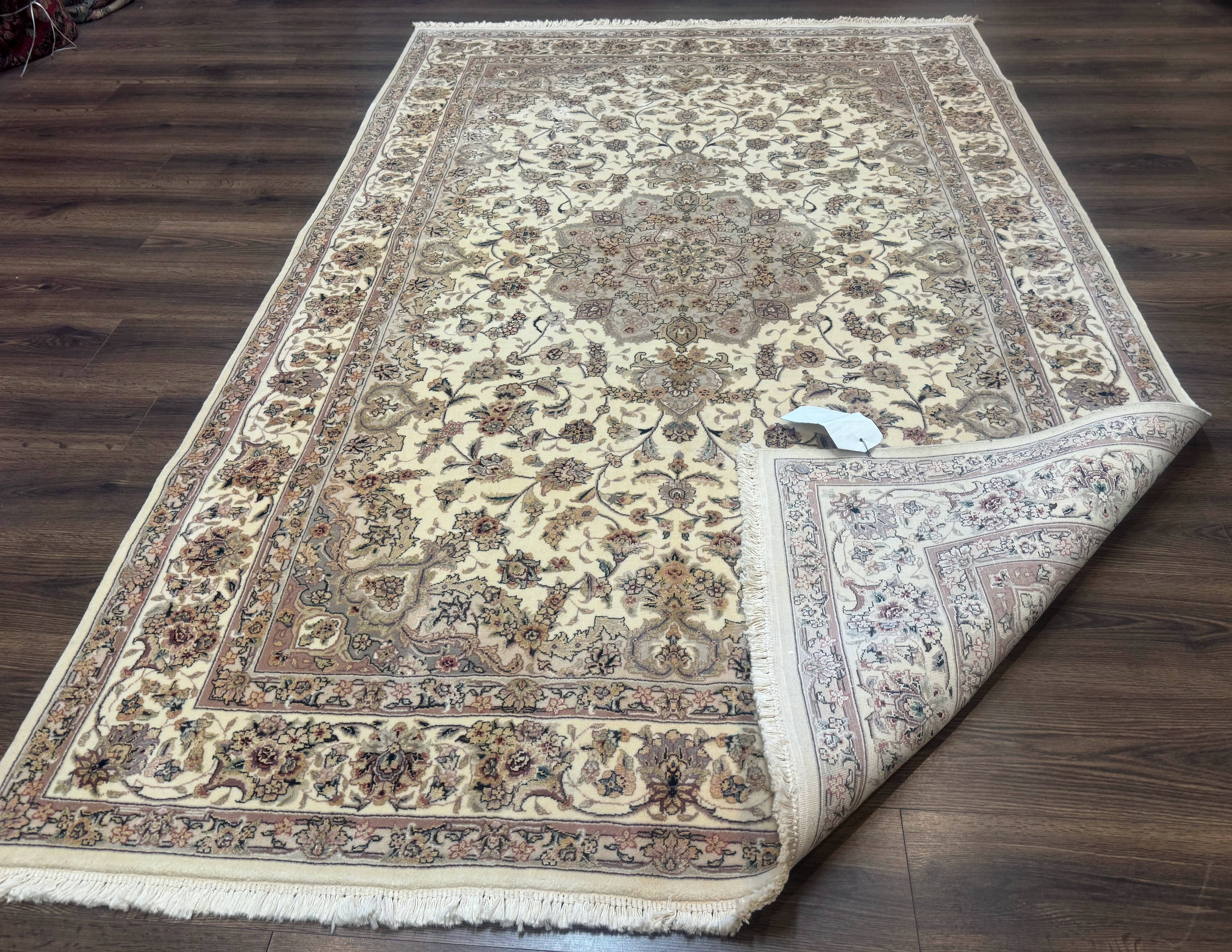Sino Persian Rug 6x9, Floral Medallion, Ivory & Taupe, Wool with Silk Highlights, Fine 210 KPSI - Jewel Rugs