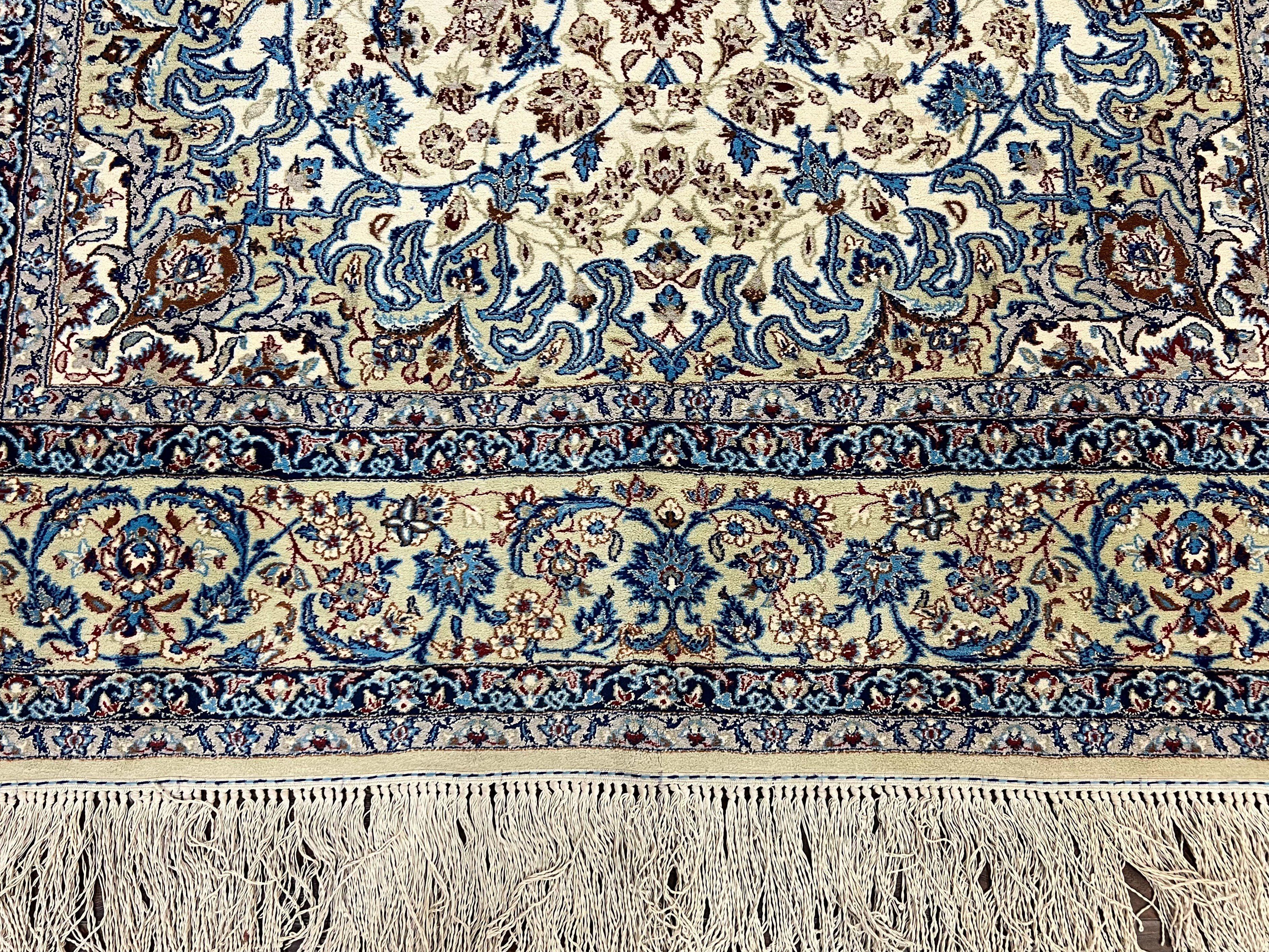 Persian Isfahan Rug 5x8, Kork Wool on Silk Foundation, 440 KPSI, Handmade Vintage Carpet, Floral Medallion Oriental Rug, Ivory & Blue, Very Fine - Jewel Rugs