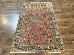 Antique Persian Sarouk Rug 4x7, Hand Knotted Wool Red Persian Carpet, Floral, Fine 300 KPSI