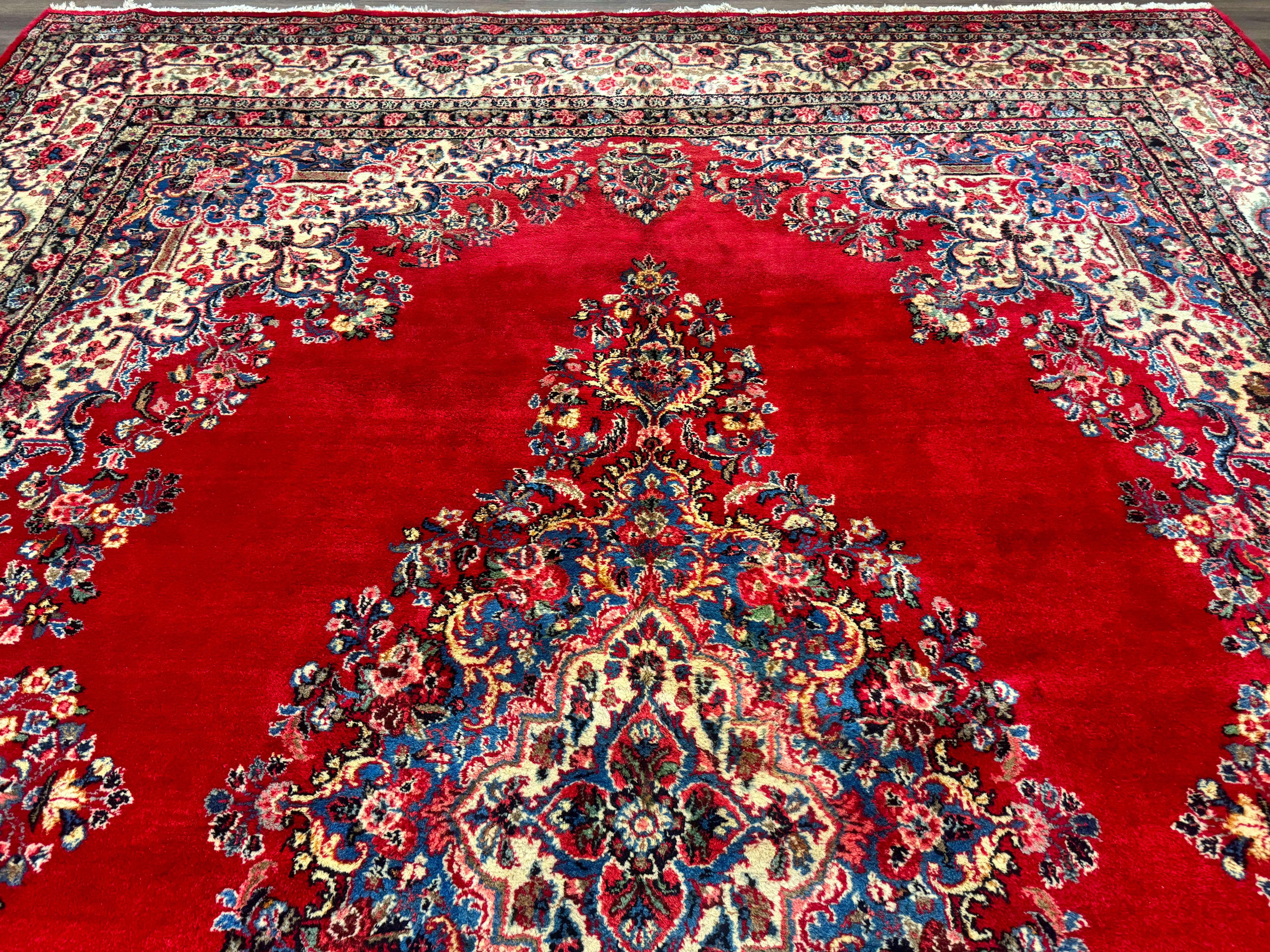 Persian Sarouk Rug 10x13, Semi Open Field, Red Ivory Blue, Large Antique Persian Carpet, Traditional Wool Rug - Jewel Rugs