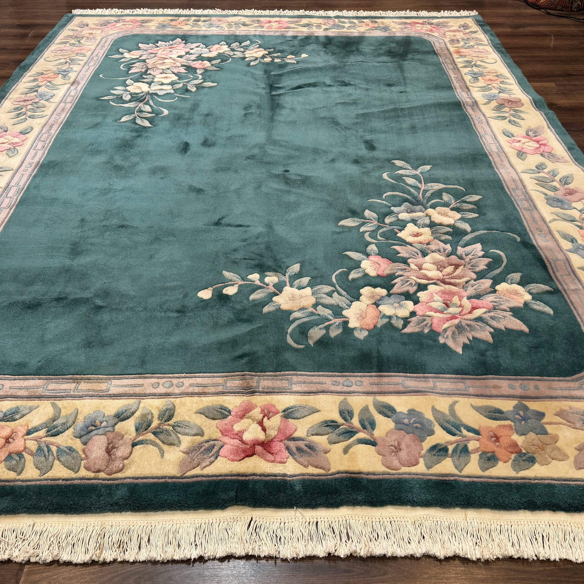 Chinese 90 Line Rug 8x11 ft – Teal and Beige, Hand-Knotted Wool, Aubus ...