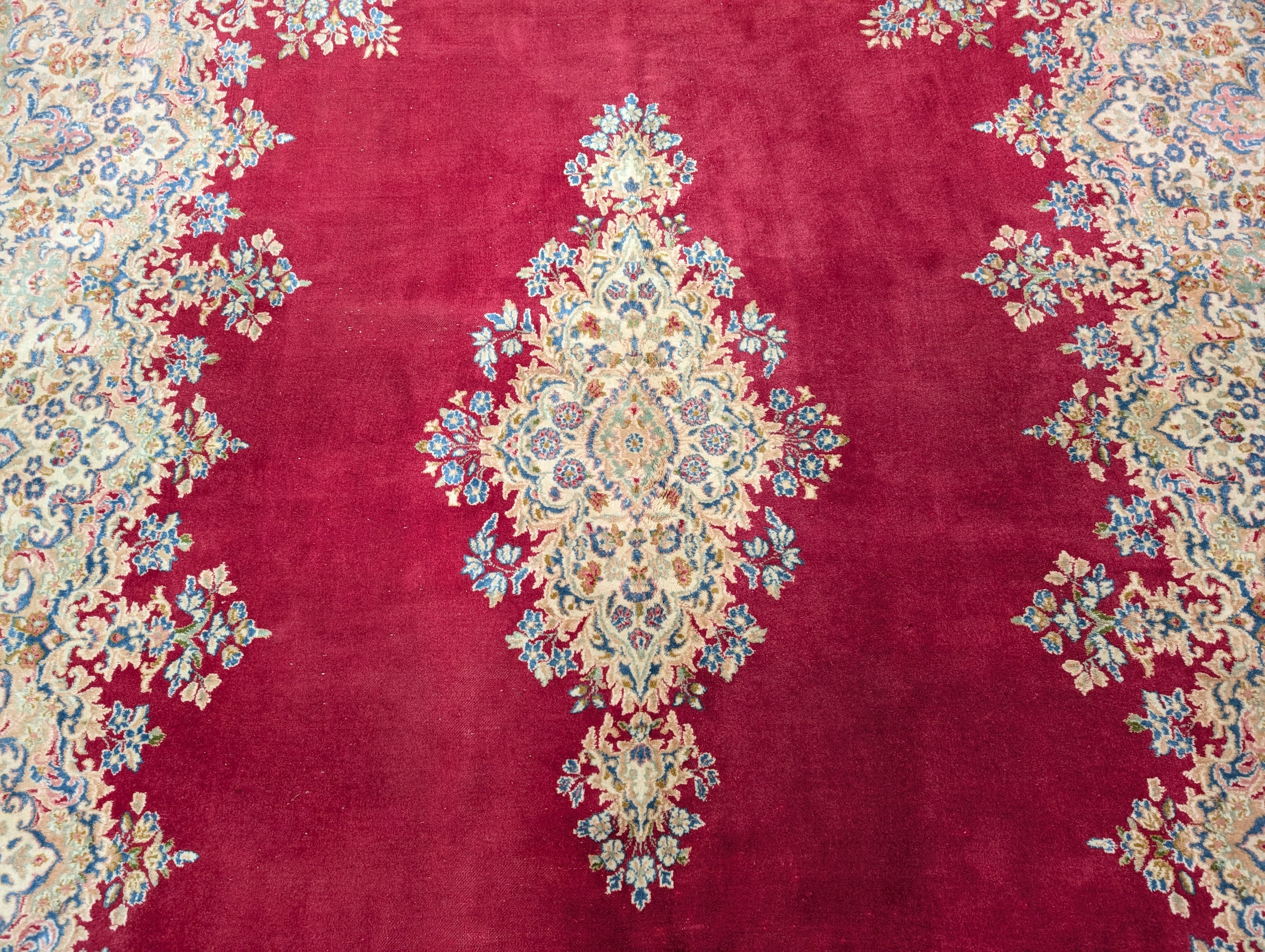 Persian Rug 9x12, Kerman Rug, Semi Open Field, Medallion, Red, Vintage, Wool - Jewel Rugs