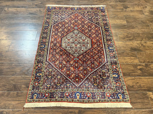 Persian Bidjar Rug 4x6, Handmade Oriental Carpet, Fine Weave, Herati Mahi Pattern, Vintage, Red, 300 KPSI