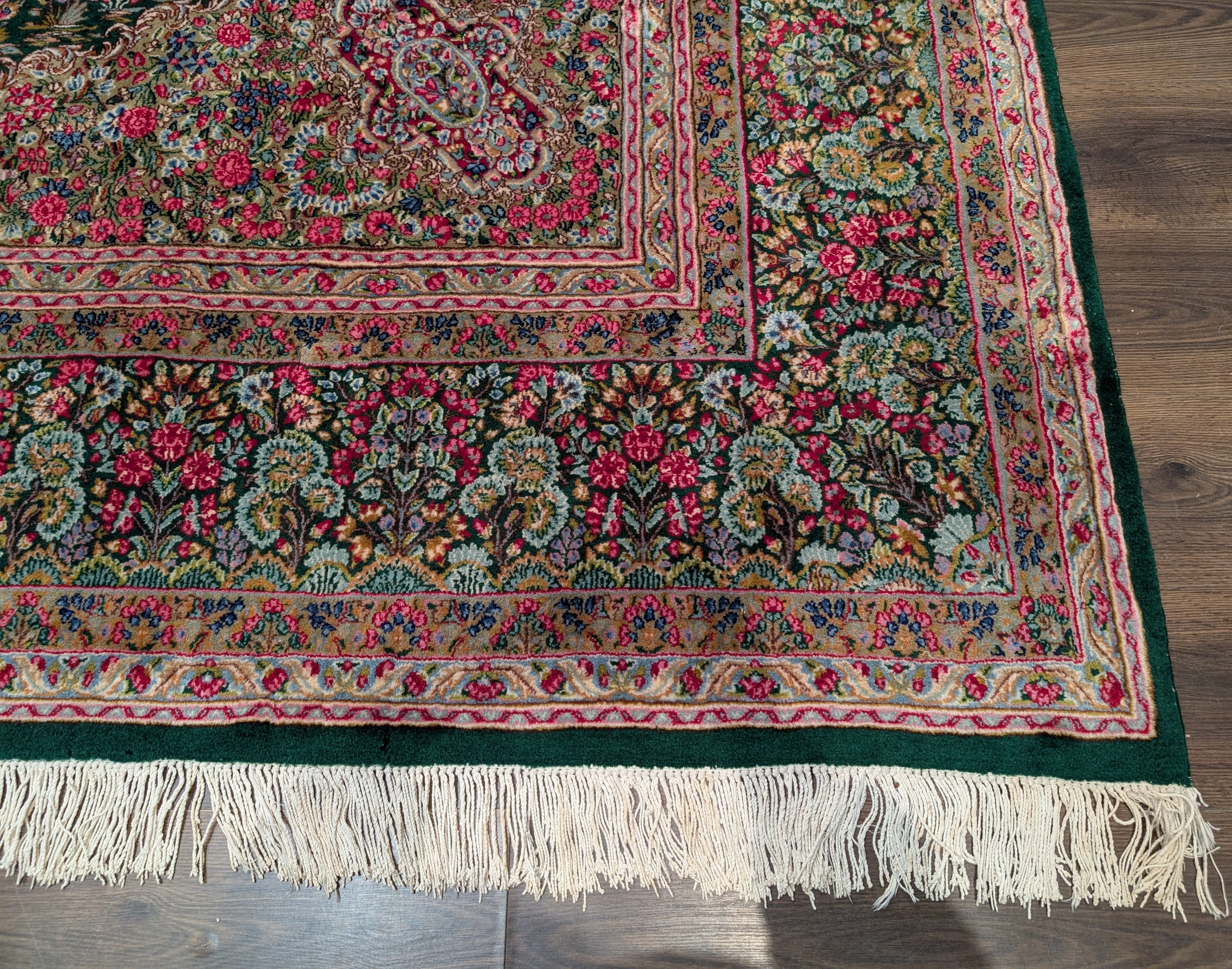 Persian Kerman Rug 10x13, Millefleur Floral Allover Pattern, Hand-Knotted Wool Carpet, Dark Green, Multicolor - Jewel Rugs