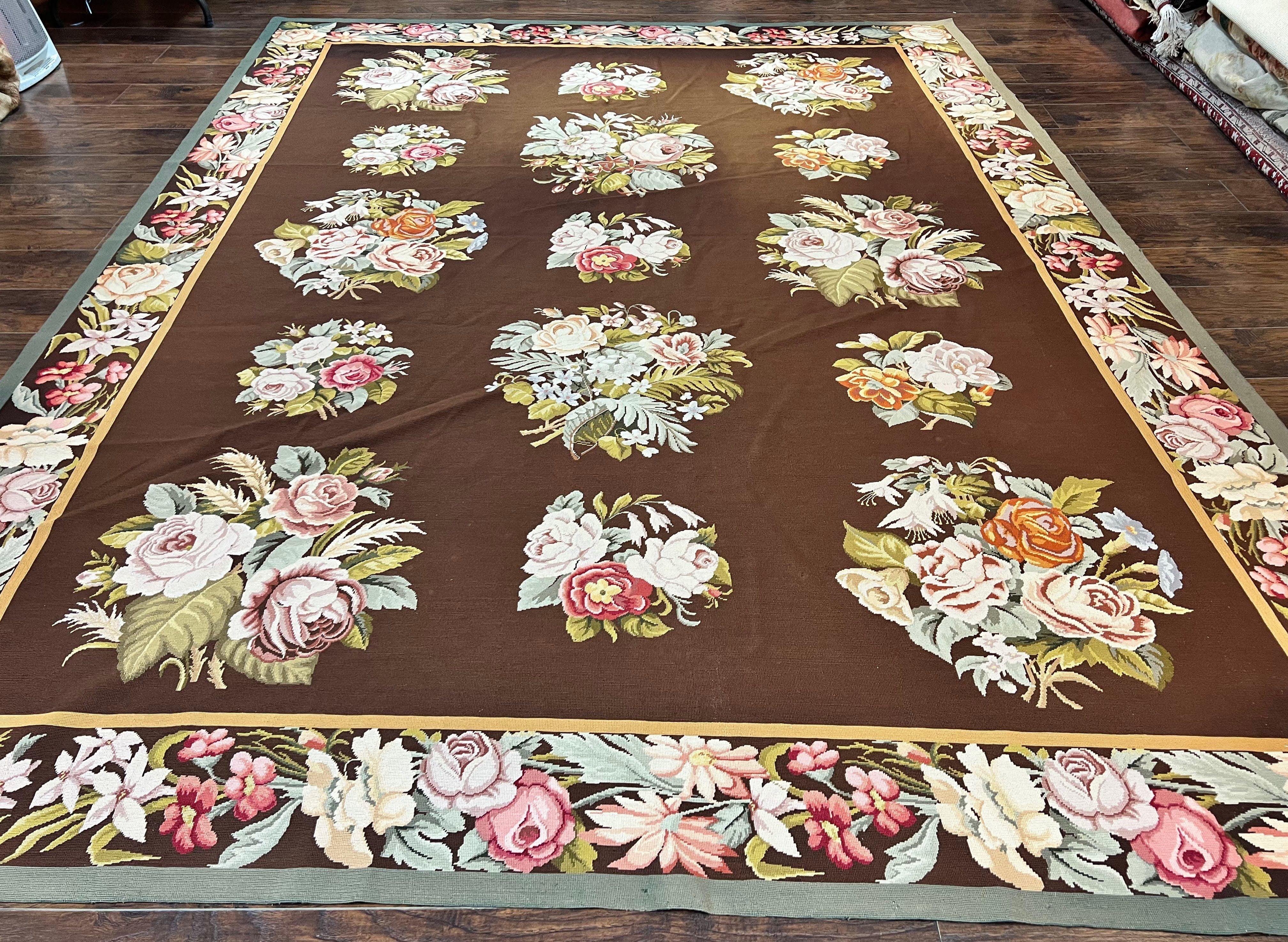 Vintage Needlepoint Rug 9x12, Large Handmade Hand-woven Needlepoint Carpet, Brown Area Rug, Floral Bouquets, Wool Rug, European Design - Jewel Rugs