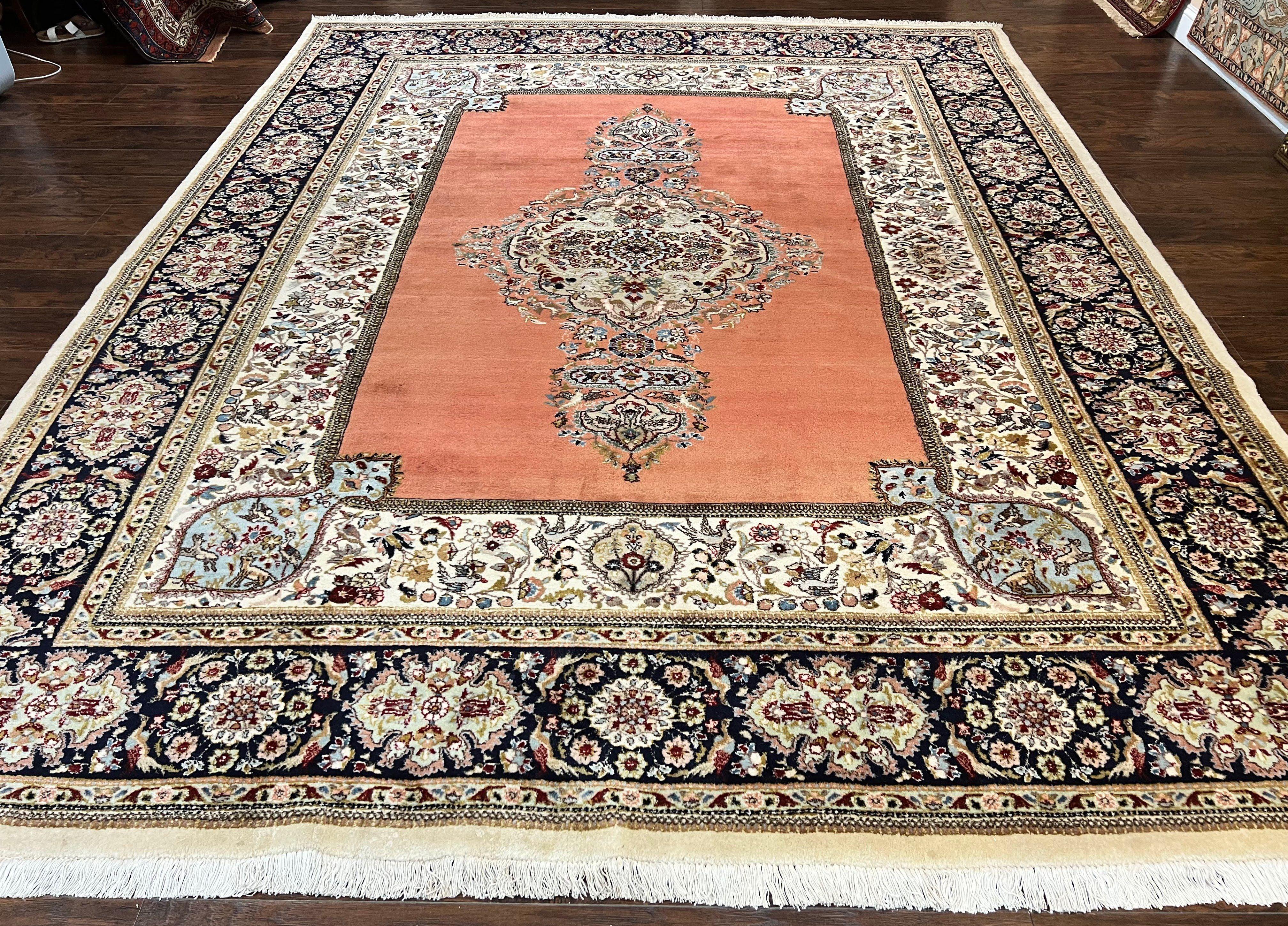 Persian Tabriz Rug 10x13, Wool Hand Knotted Vintage Carpet, Salmon Red & Ivory, Semi Open Field, Birds & Animal Motifs, Large Rug - Jewel Rugs