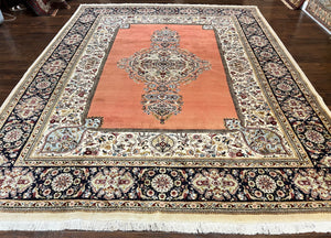 Persian Tabriz Rug 10x13, Wool Hand Knotted Vintage Carpet, Salmon Red & Ivory, Semi Open Field, Birds & Animal Motifs, Large Rug